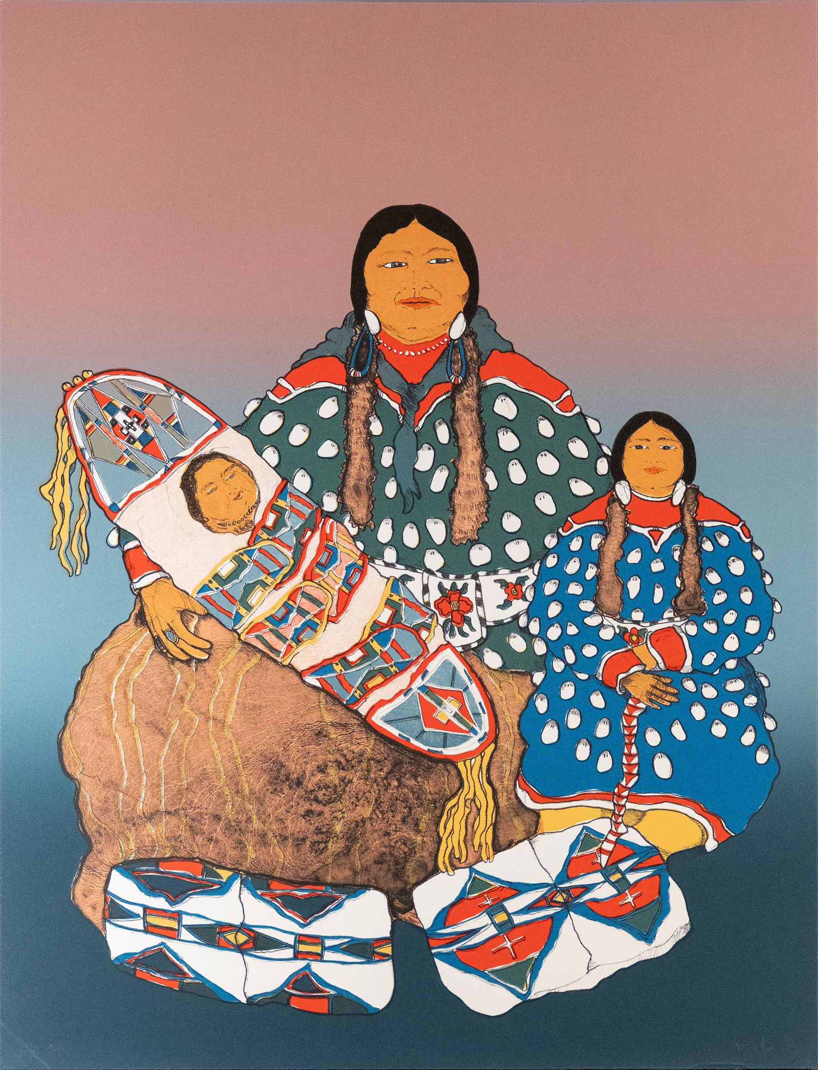 Kevin Red Star (b. 1943), "Crow Woman & Grandchildren", Artist's Proof: Color lithograph on paper, editioned lower left: A/P, signed lower right: Kevin Red Star Provenance: Jo Ann Briggs Art Collection
