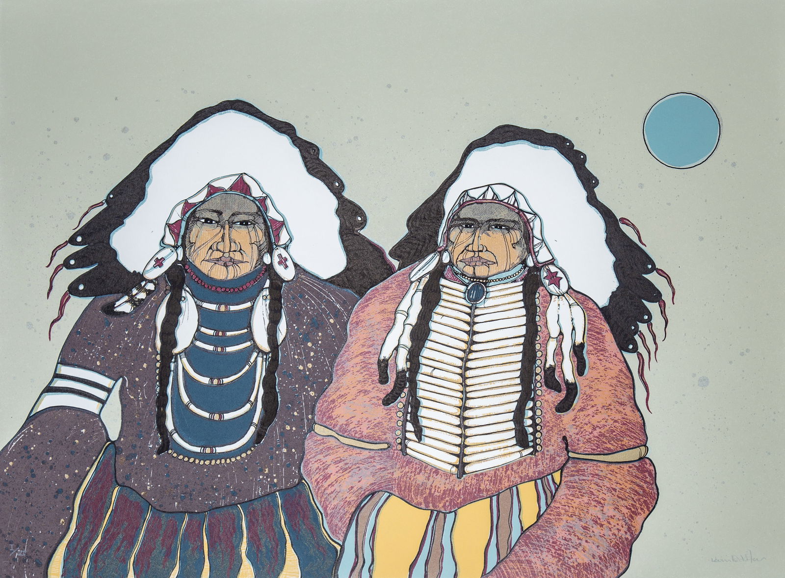 Kevin Red Star (Crow) b. 1943 "Bull Show and Red Shirt": Lithograph on paper, editioned lower left: I/VI, signed in pencil lower right: Kevin Red Star, accompanied by original print documentation Provenance: Jo Ann Briggs Art Collection