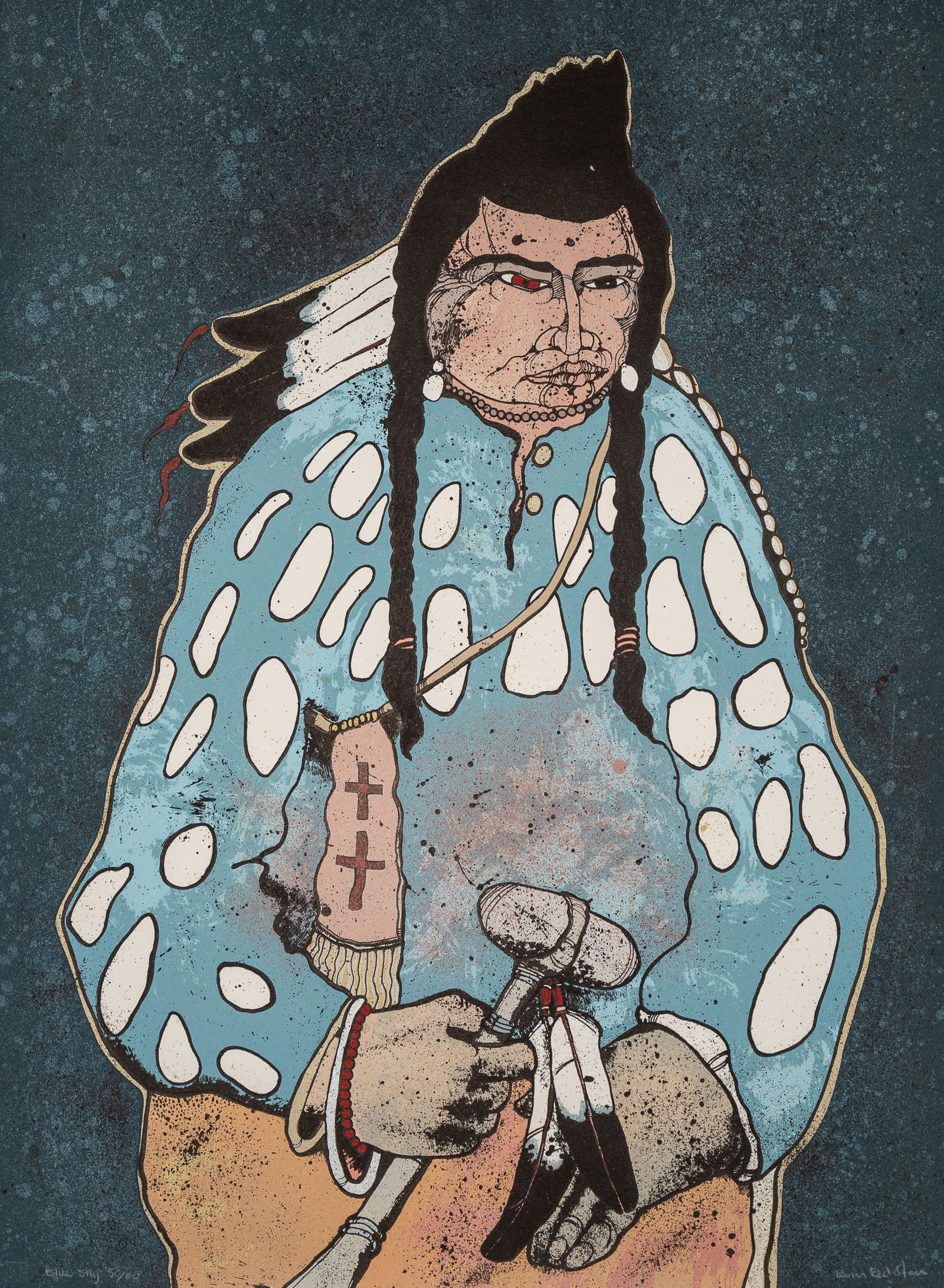 Kevin Red Star (Crow) b. 1943 Blue Sky: Lithograph on paper, titled and editioned lower left: Blue Sky 50/60 Provenance: Jo Ann Briggs Art Collection