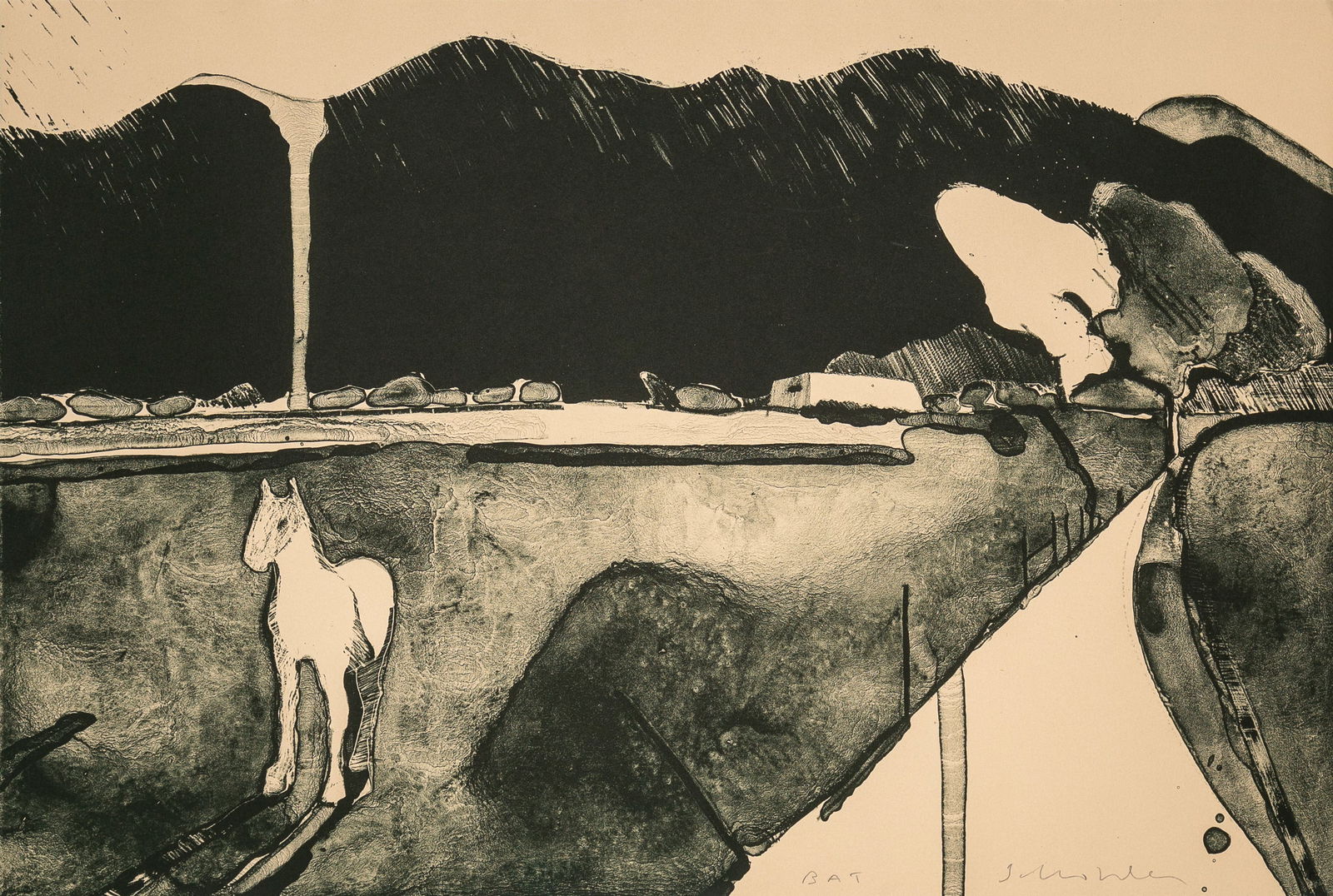Fritz Scholder "Mystery Horse at Taos, 1978": Fritz Scholder (1937 - 2005), Mystery Horse at Taos, 1978, lithograph, BAT of 50, editioned center, signed lower right Provenance: Jo Ann Briggs Art Collection