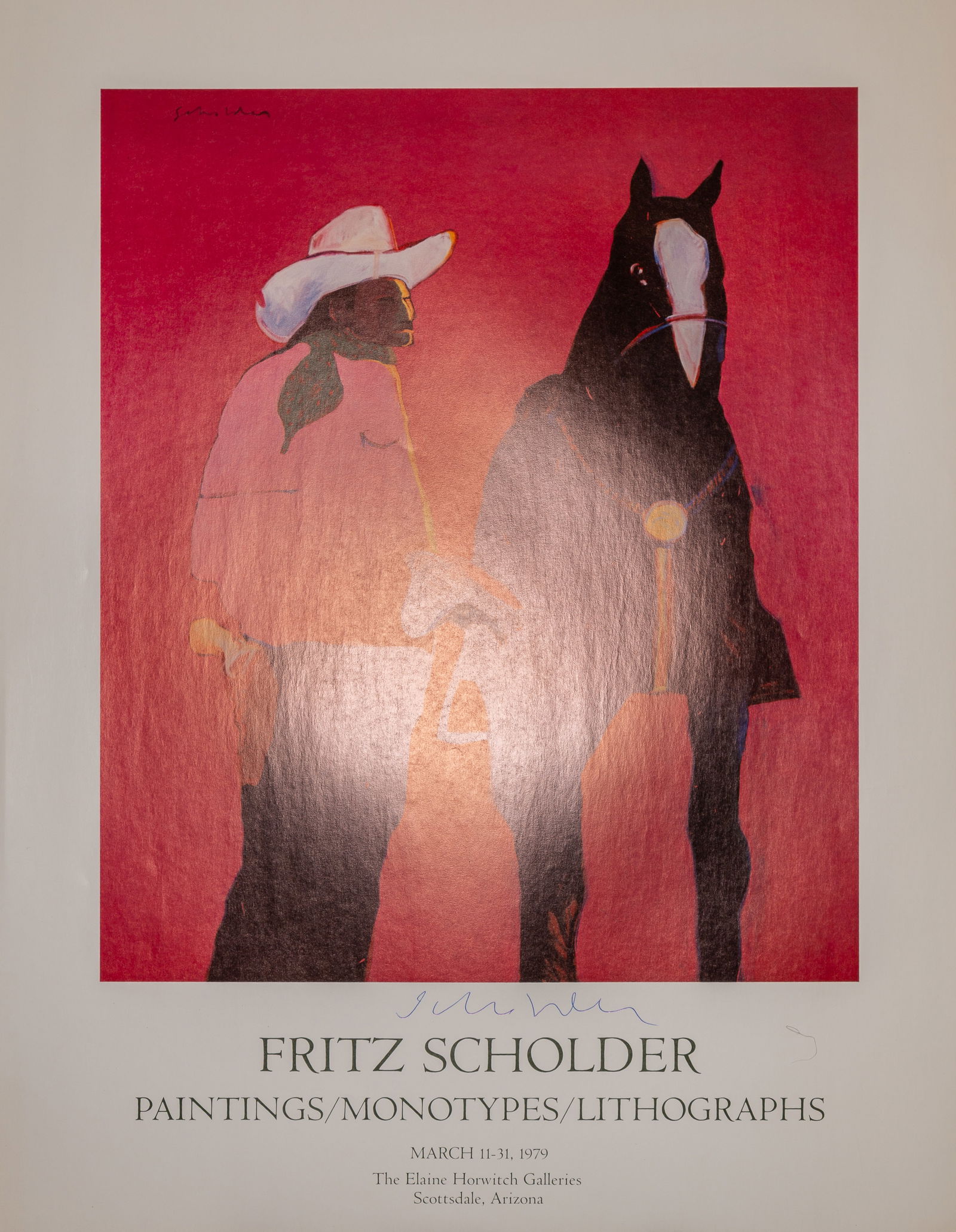 Fritz Scholder "Untitled: The Elaine Horwitch Galleries Autographed Poster": Autographed poster for an exhibition of works by the artist Fritz Scholder that took place from March 11-31, 1979, at The Elaine Horwitch Galleries in Scottsdale, Arizona. Provenance: Jo Ann Briggs Ar