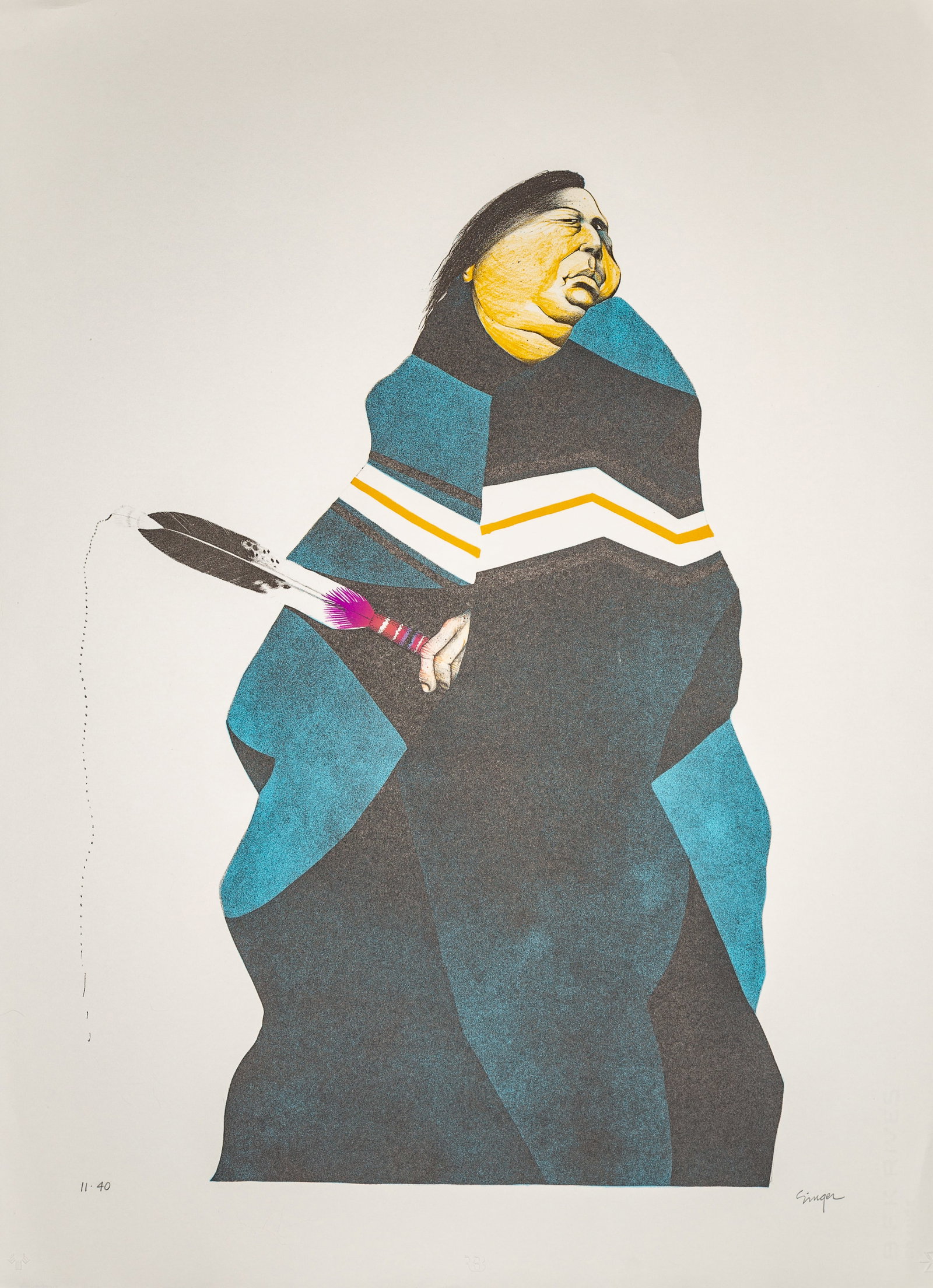 Ed Singer (Dine (Navajo), b. 1951)"Feather Dancer": Western Graphics Lithograph in colors on paper 30x 22.5; 11/40 Provenance: Jo Ann Briggs Art CollectionProvenance: Jo Ann Briggs Art Collection
