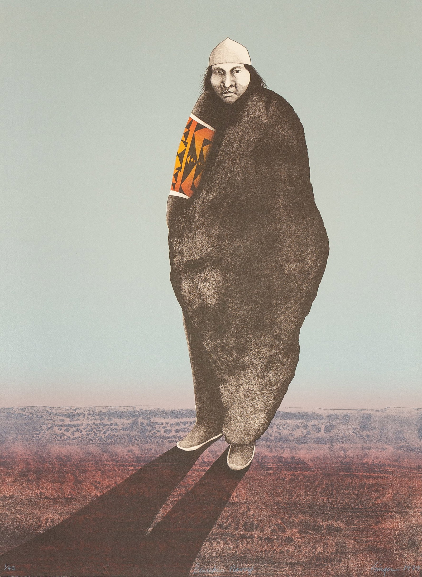 Ed Singer (Dine (Navajo), b.1951) "Bearskin Navvy": Lithograph in color on Paper. Signed, dated, and numbered in pencil along lower edge. On verso, watermarked, copyright mark Provenance: Jo Ann Briggs Art Collection