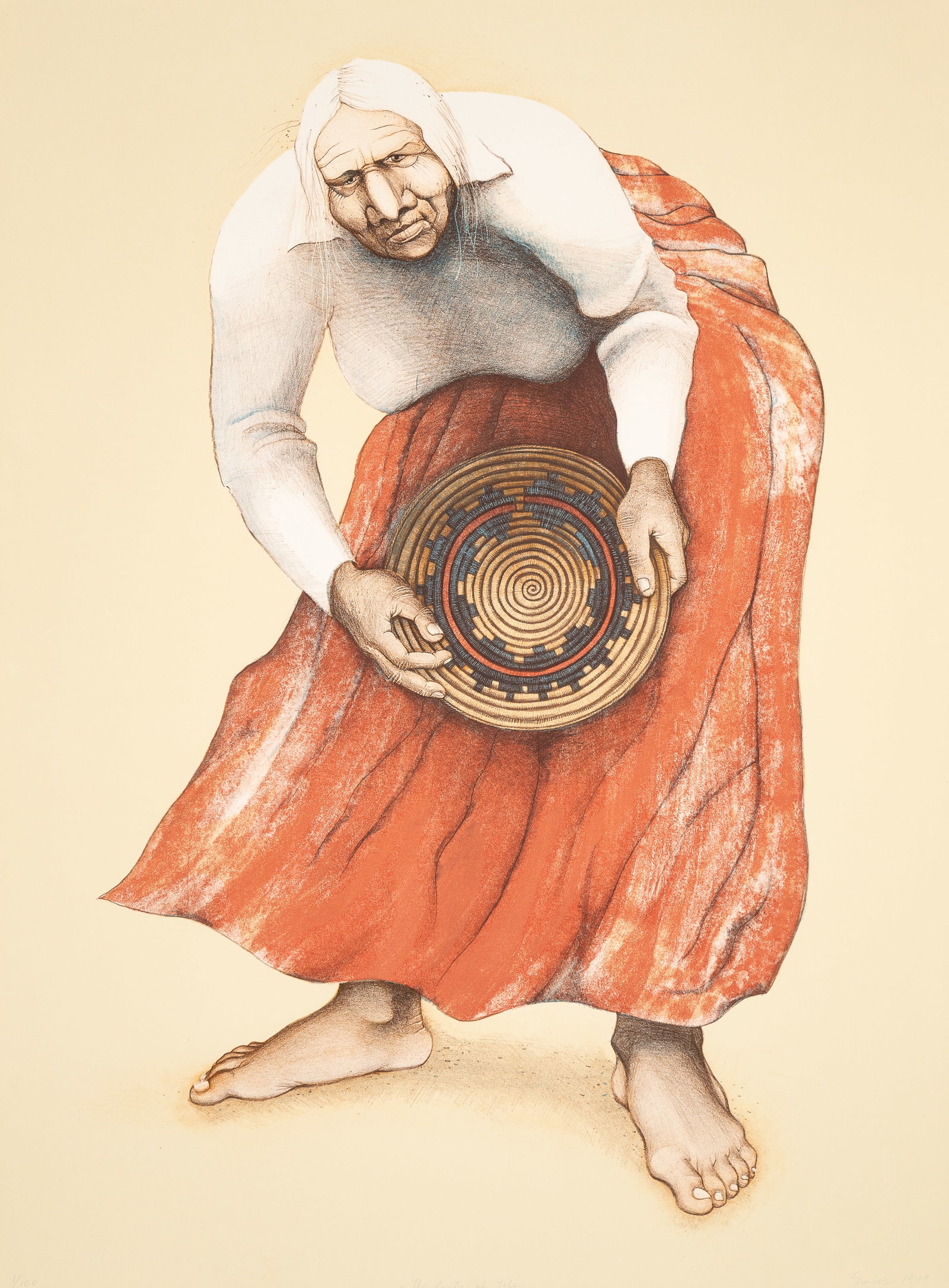 Ed Singer (Dine(Navajo) b. 1951) "The Center of Life" 1979: Lithograph in color on paper. Signed, dated, and number 1/100 in pencil along lower edge. On verso, watermarked, copyright mark Provenance: Jo Ann Briggs Art Collection