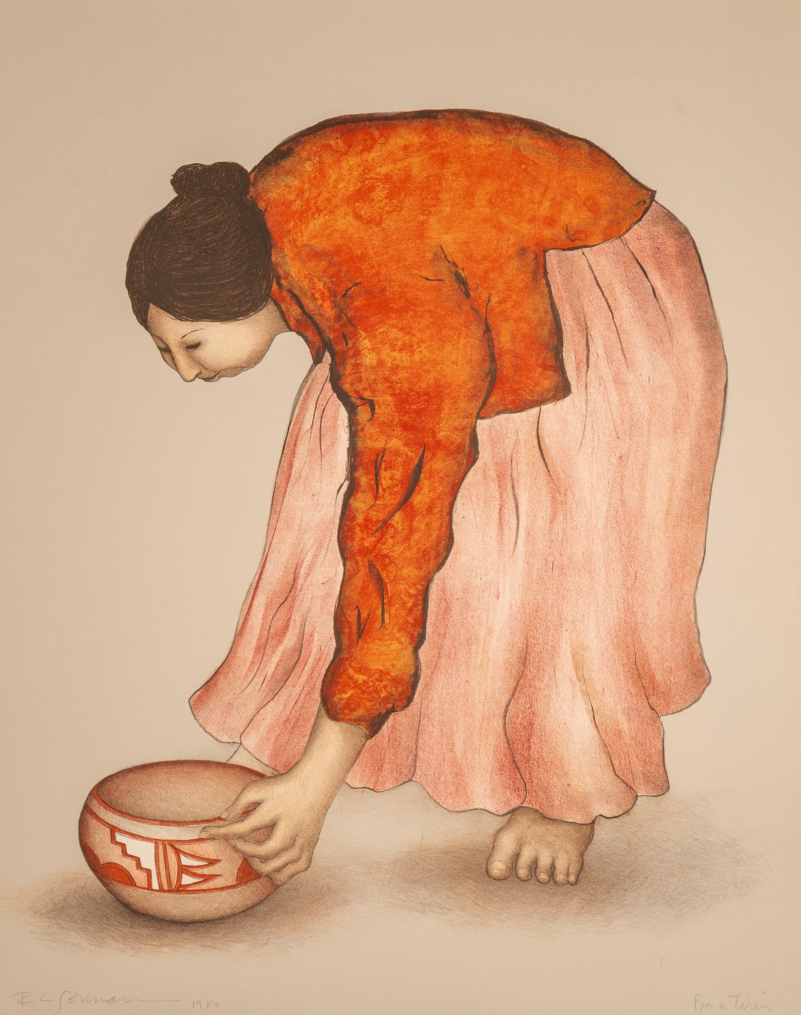 R.C. Gorman (Navajo) b. 1931 "Naomi, State I" Bon a Tirer: Bon a Tirer; Western Graphics Lithograph in color on paper 22.5 x 27.5. Signed, dated, and marked 'Bon a Tirer' , all in pencil on lower edge; 'buff Arches' paper mark, and watermarks Provenance: Jo A