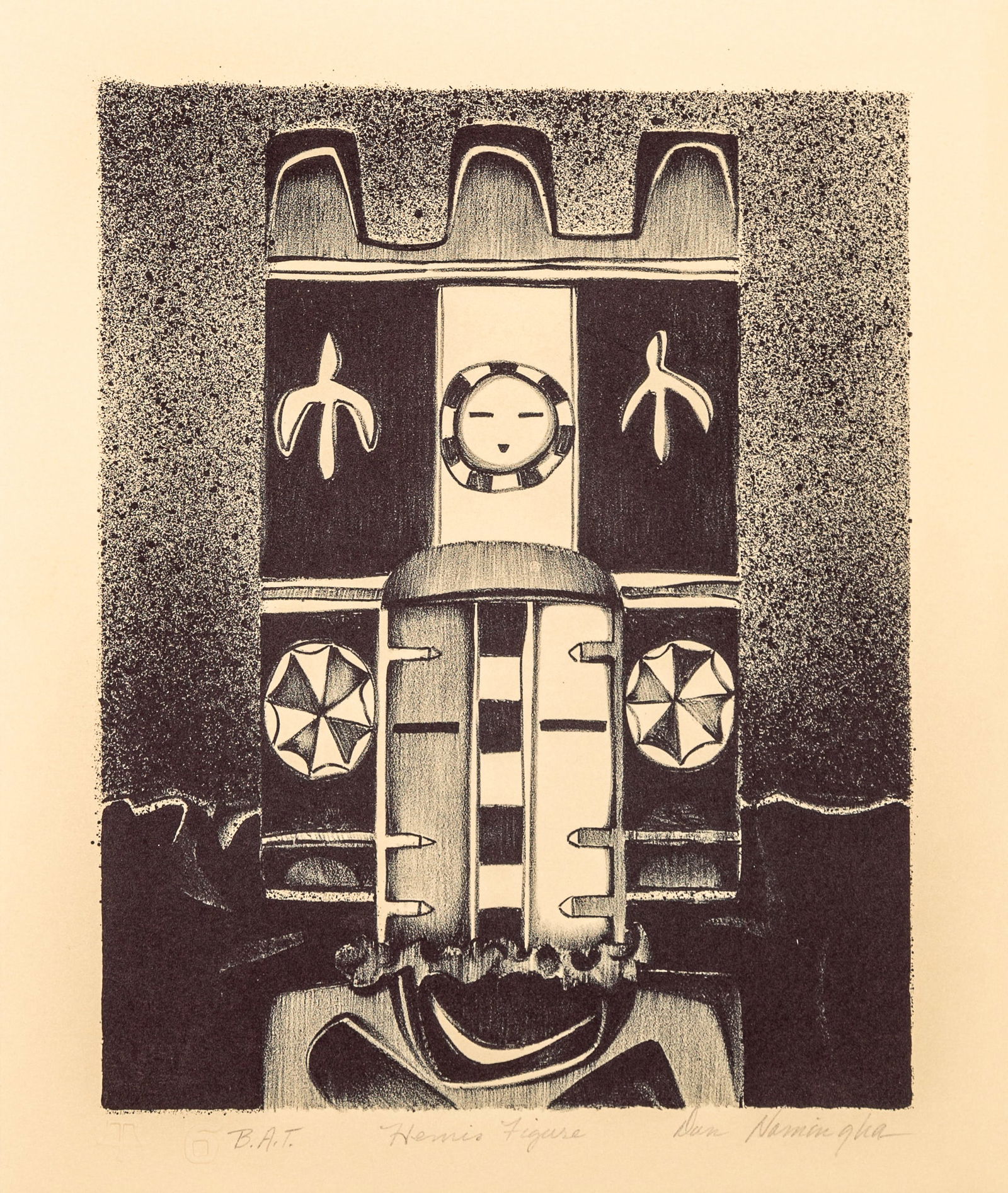 Dan Namingha (Hopi) b. 1950 "Hemis Figure, c. 1982" Bon A Tirer: Lithograph in color on paper. Signed, titled, and marked 'BAT' (Bon A Tirer) on lower edge. Watermarks are also visable on lower edge. On Verso