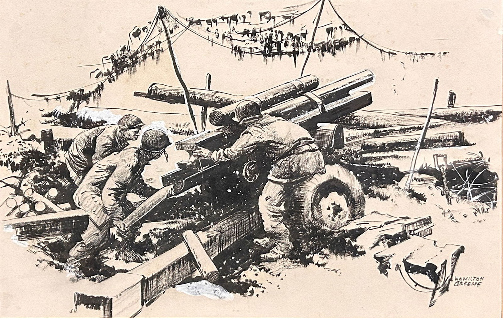 Hamilton Greene (1904-1966) "In Battle" Pen and Ink: Hamilton Greene "In Battle", 9" x 13" pen and ink; Signed lower right