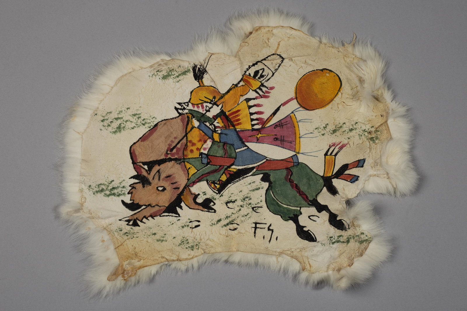 Frank Shortey, Buffalo Hunt, painted rabbit hide, 12 x 16 in. (30.5 x 40.6 cm.) (1 of 3)