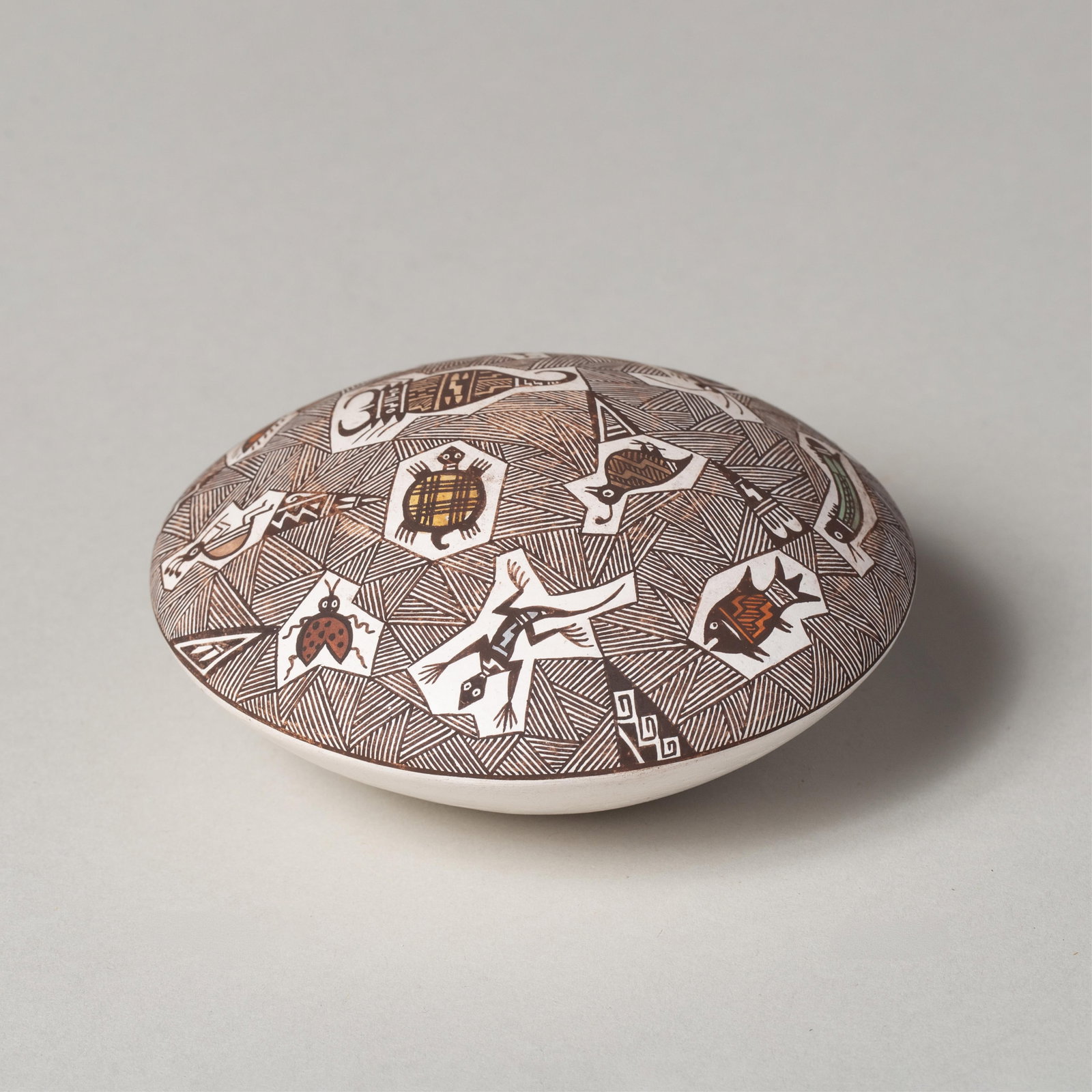 Acoma Seed Pot by Rebecca Lucario: Finely detailed polychrome seed pot with bird, turtle, beetle, fish and other animal design elements. Featuring a very fine line pattern around the figures. Signed on the bottom "Acoma, NM, R.