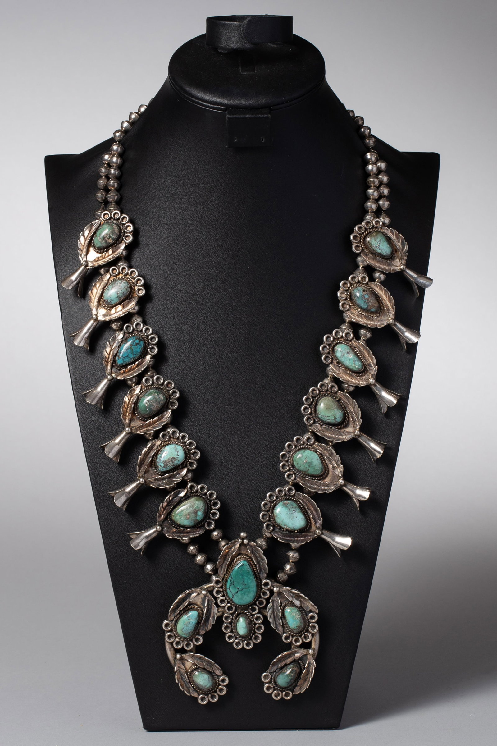 Old Pawn Navajo Sterling Silver and Royston Turquoise Squash Blossom Necklace (1 of 4)