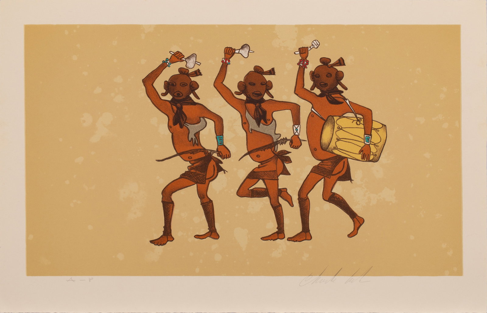 Charles Sequevya Loloma (Hopi 1921-1991), Mudheads, c. 1980, stone lithograph, artist's proof: editioned lower left: A-Psigned lower right: Charles LolomaA color lithograph by Charles Loloma depicting three Koyemsi or Mudheads two with yucca whips and rattles and the third with a drum, titled "