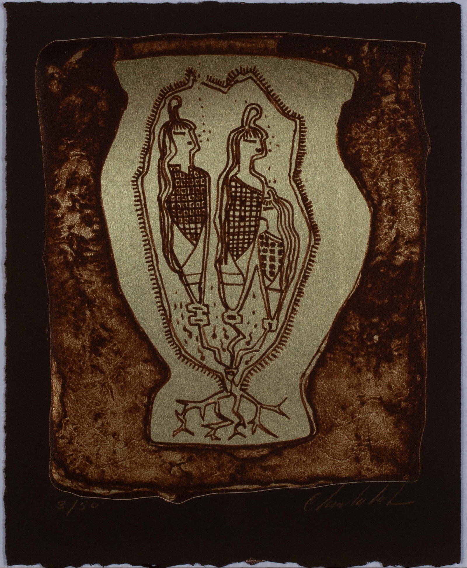 Charles Sequevya Loloma (Hopi 1921-1991), Corn Maidens, 1979, lithograph on gold leaf (1 of 1)