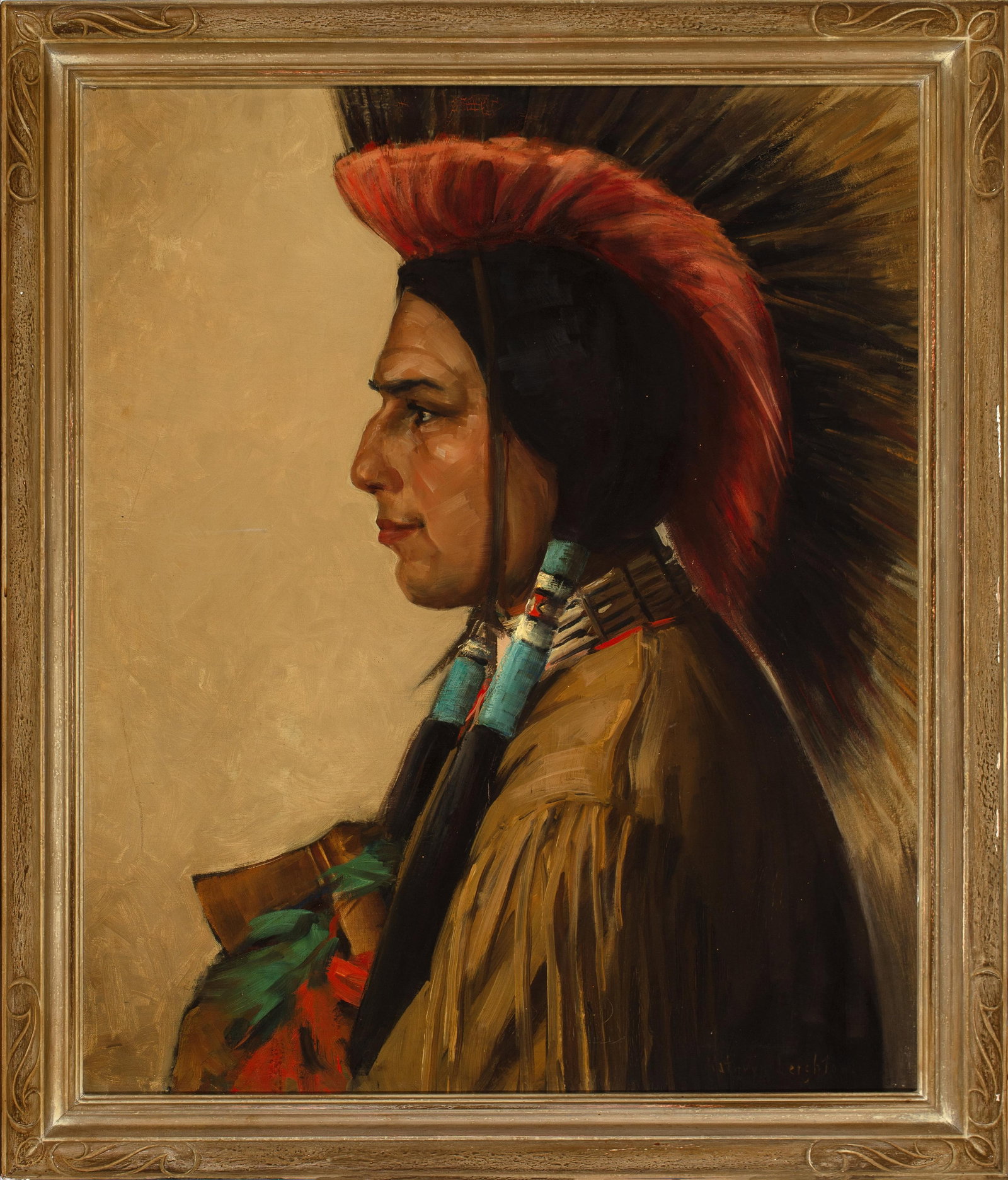 Kathryn Woodman Leighton (1875-1952), Cherokee Brave (Iron Eyes Cody), circa 1927, oil on canvas (1 of 2)