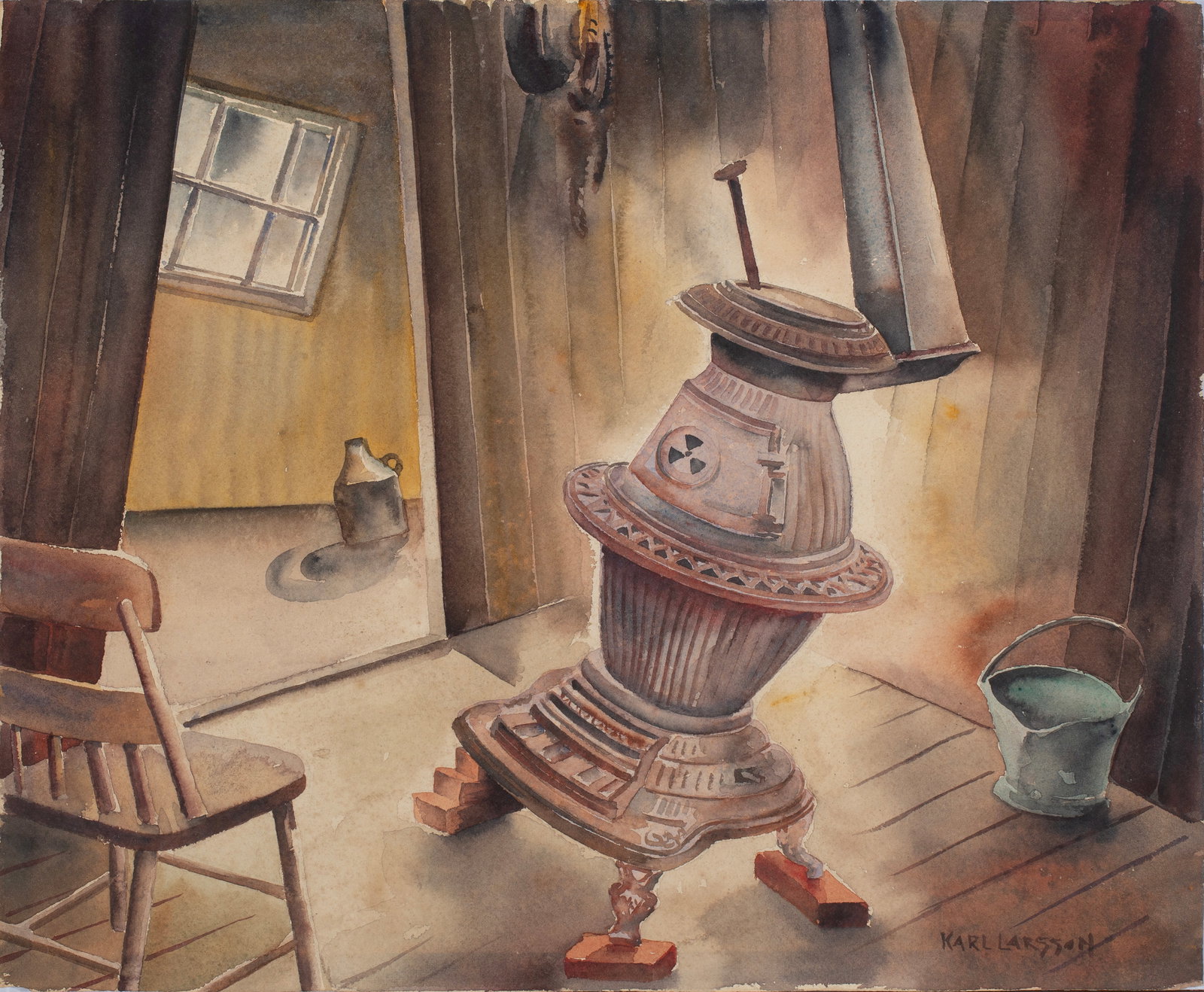 Karl Larsson (1893-1948), Interior with Antique Woodstove, c. 1920, watercolor on paper (1 of 2)