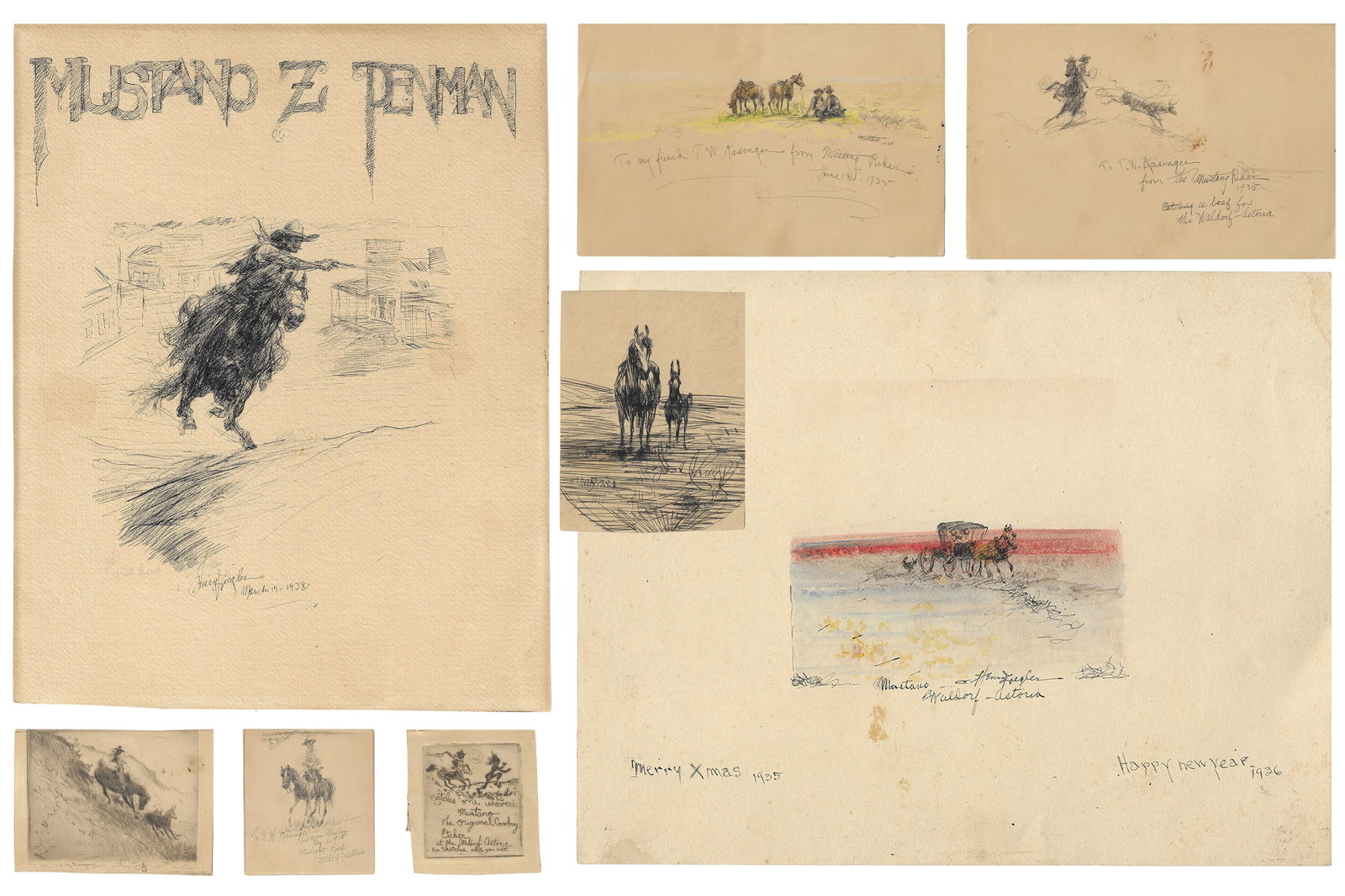 Henry Ziegler, 1889-1968, Eight 'Mustano Z Penman' works, Waldorf-Astoria series, 1935-1938, pen & (1 of 1)