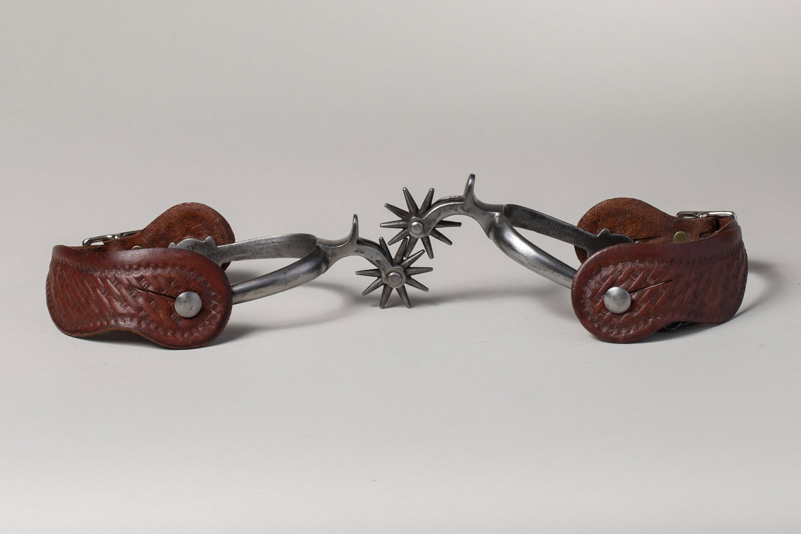 Beurmann Drop Shank Spurs with Heel Chains & Tooled Brown Leather Straps, c. 1930s (1 of 4)