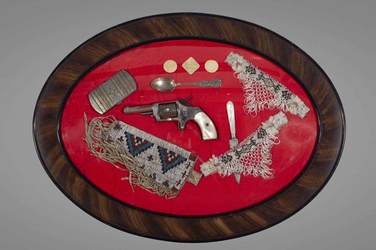 Antique 1880's Saloon Gal Shadowbox with Pearl Handled Revolver (1 of 2)