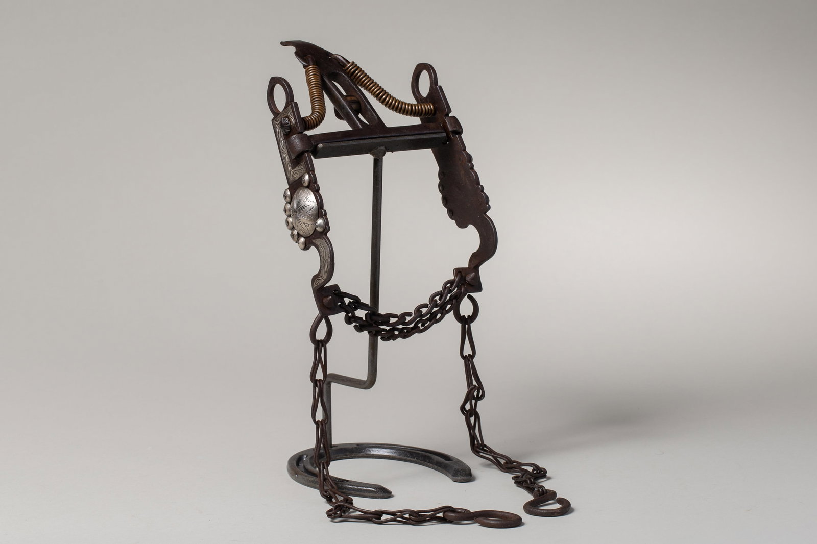 Carlos Figueroa Silver Inlaid Spade Bit from Tombstone Museum: Rare Carlos Figueroa spade bit with significant provenance. Features a classic spade mouthpiece, constructed from steel with extensive, beautifully engraved sterling silver overlay and inlay on the ch