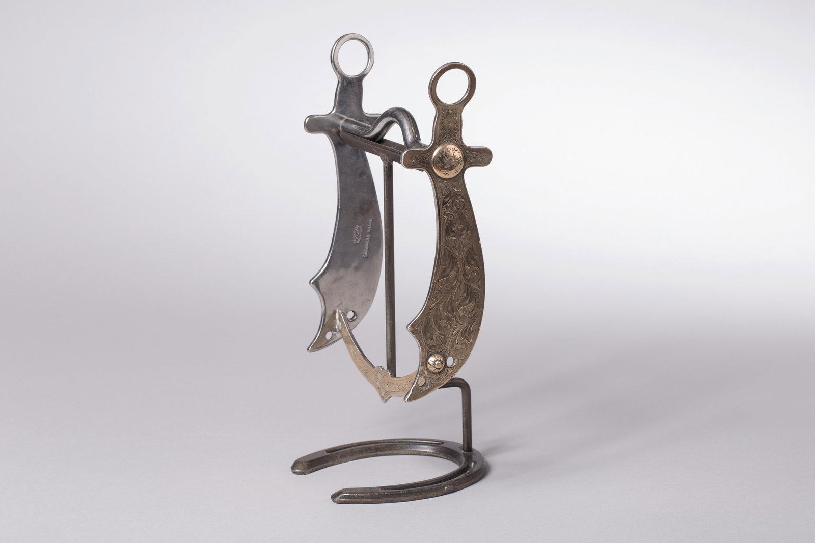 Edward H. Bohlin Scimitar Sword Design Bit with EARLY Bohlin mark, ca. 1940s-50s: Great looking Edward H. Bohlin Scimitar sword design bit. Well marked with desirable early Bohlin Football Mark, stainless steel with full silver overlay. 9 1/2"h x 5 1/4"w, Condition: Excellent, Ca.