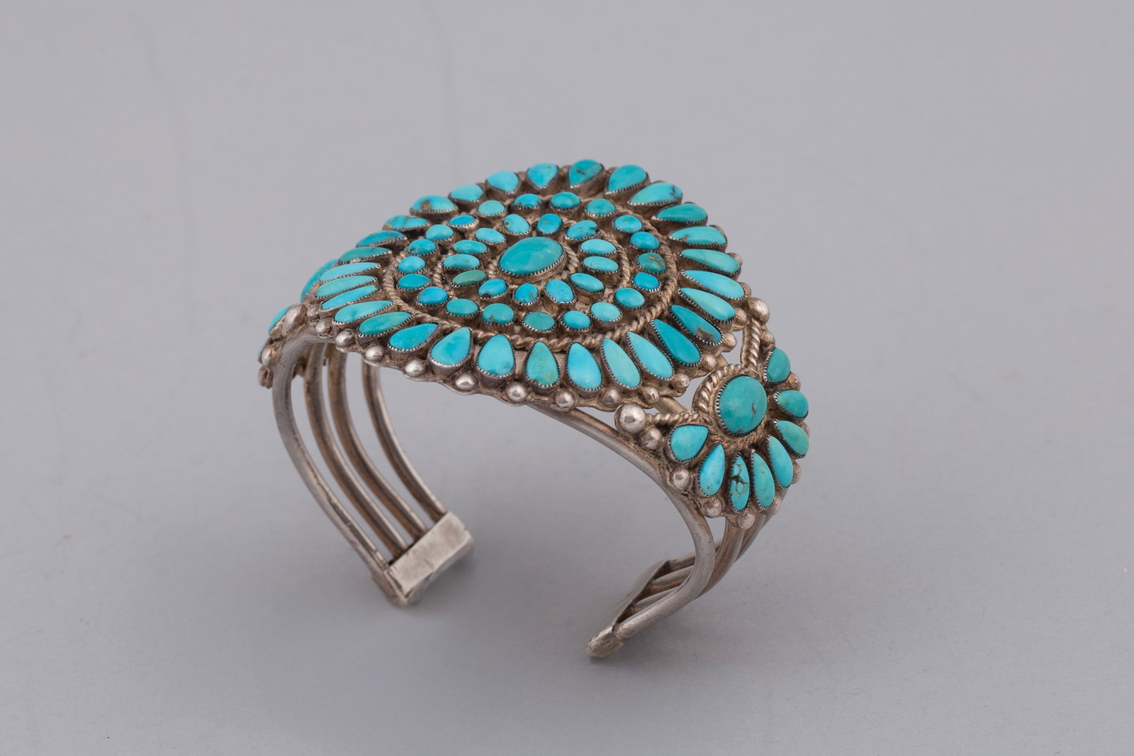 Vintage Zuni Turquoise Cluster Sterling Silver Cuff Bracelet 3 x 2.38 x 2 1/2 in. (7.6 x 6.1 x 6.4 (1 of 5)