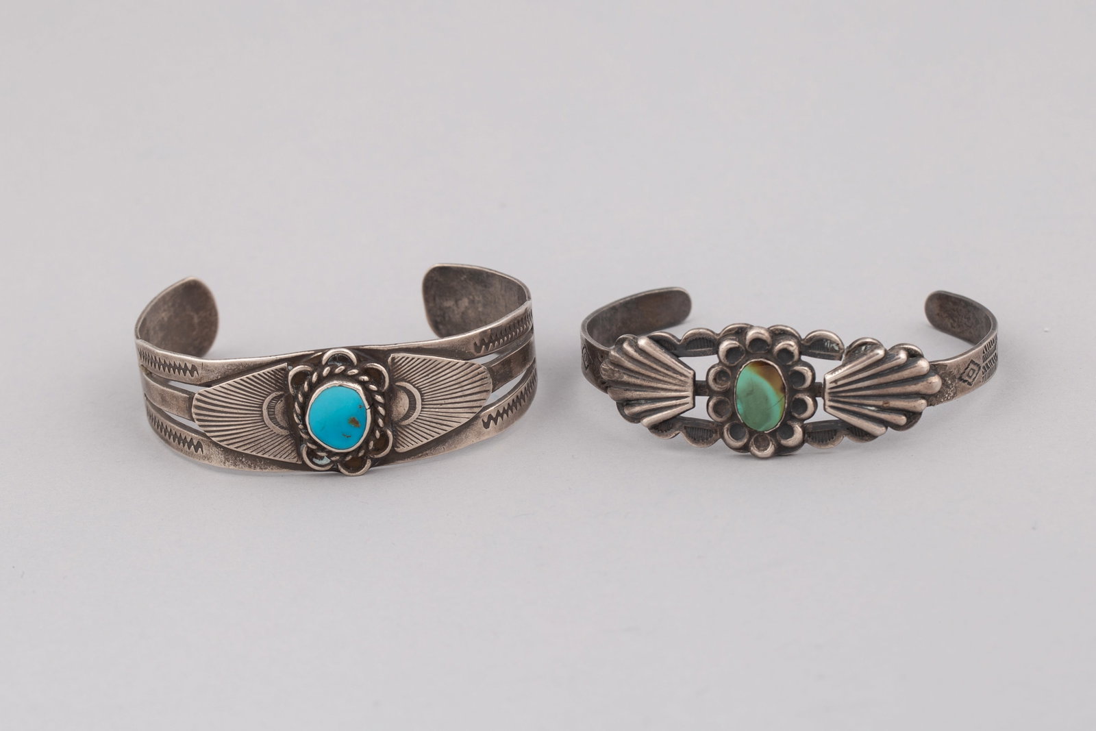 Two Fred Harvey Era Navajo Turquoise and Silver Cuff Bracelets (1 of 4)