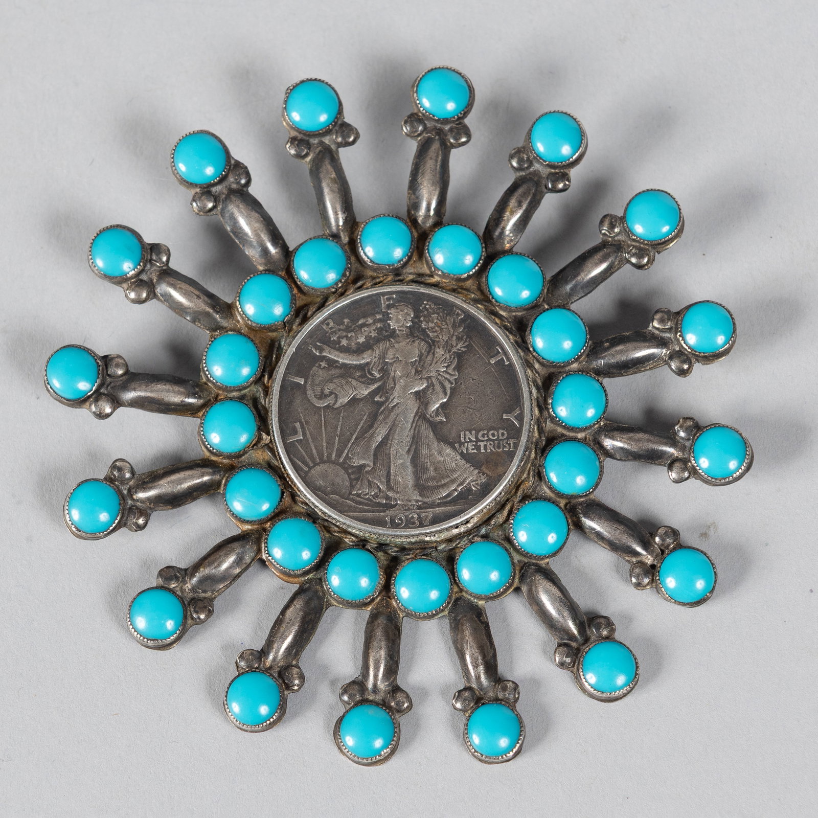 Vintage Native American Sterling Silver & Turquoise Walking Liberty Half Dollar Cluster Manta Pin (1 of 2)