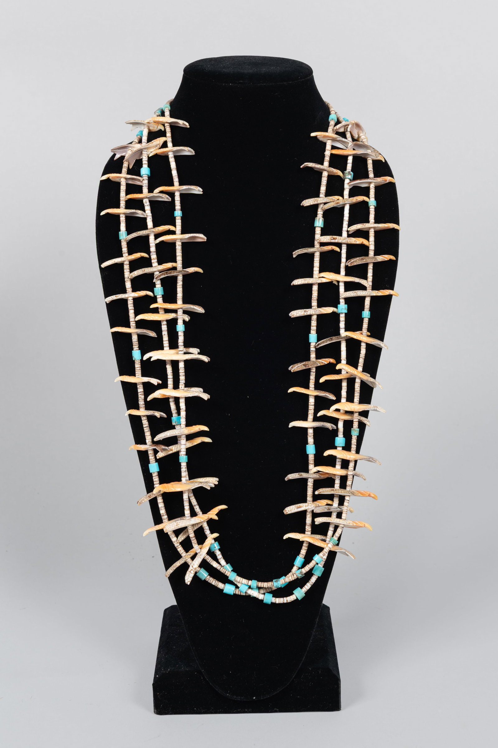 Zuni Three-Strand Shell and Turquoise Bird Fetish Necklace (1 of 5)