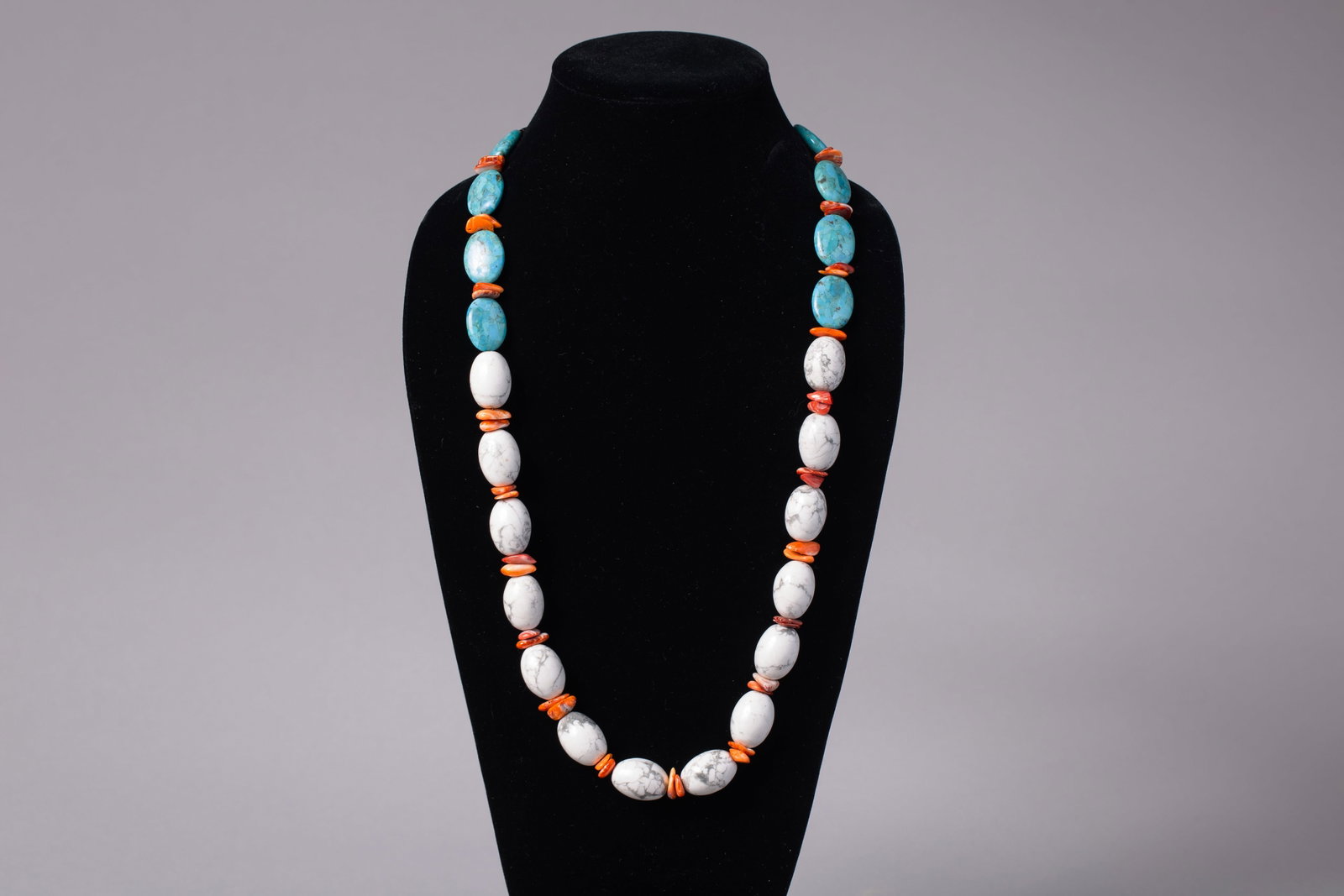 Santo Domingo White Buffalo & Sleeping Beauty Turquoise by Lorraine Lucero: Santo Domingo necklace by Lorraine Lucero, strung with graduated white buffalo stones and Sleeping Beauty turquoise cabochons separated by small spacers. The necklace is arranged in a balanced alterna