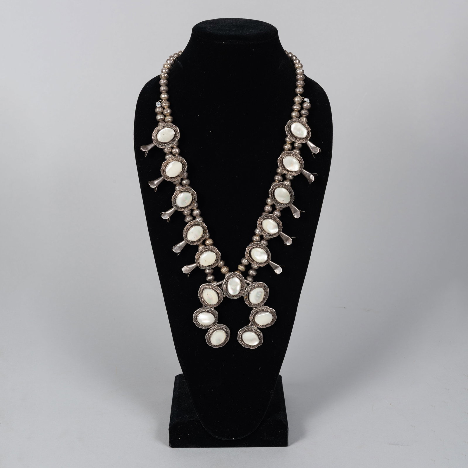 Vintage Native American Mother of Pearl & Sterling Silver Squash Blossom Necklace, 3 x 14 1/2 in. (1 of 2)