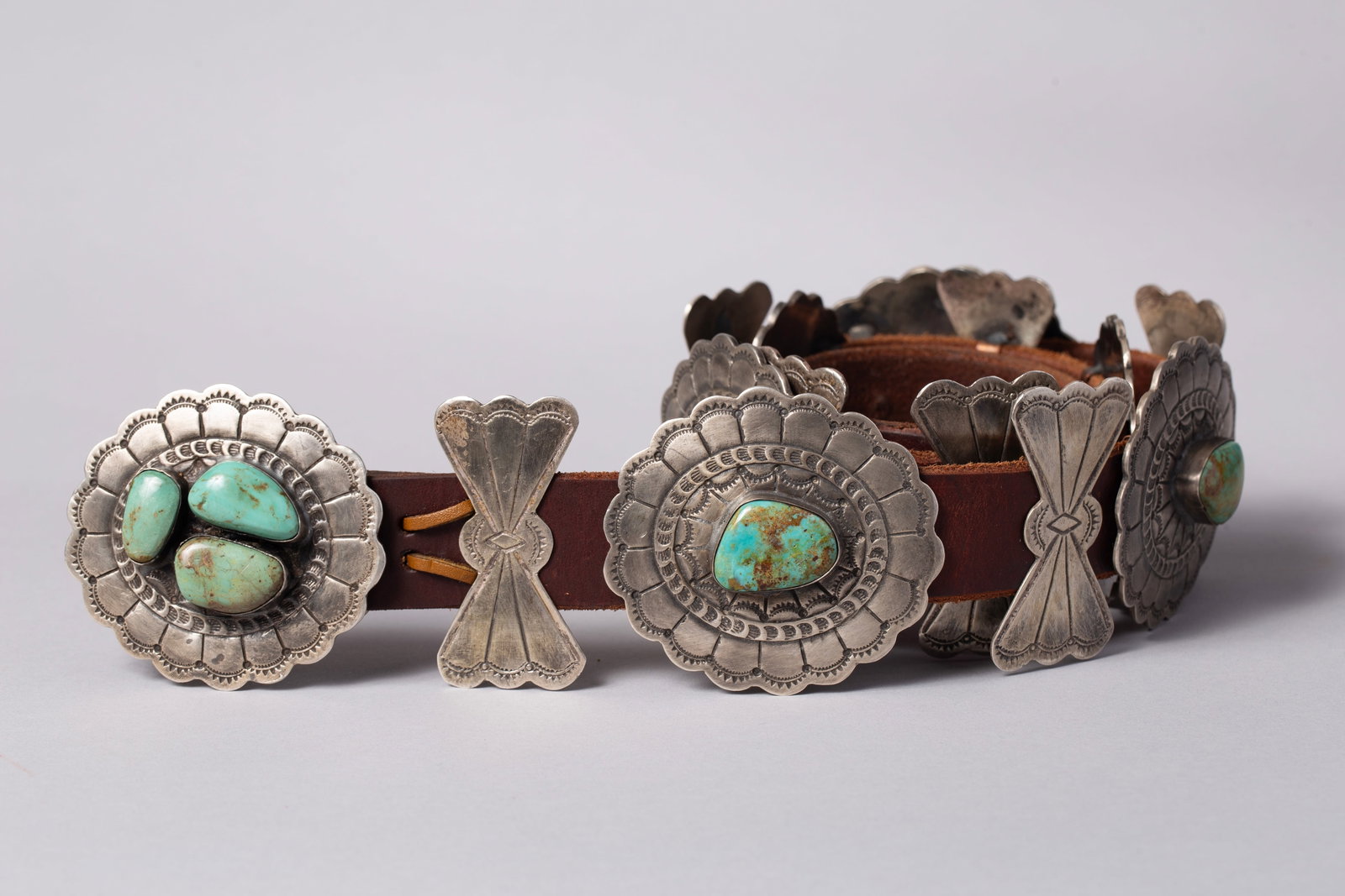 Fine Navajo Third-Phase Style Sterling Silver, Leather, and Royston Turquoise Concho Belt with (1 of 3)