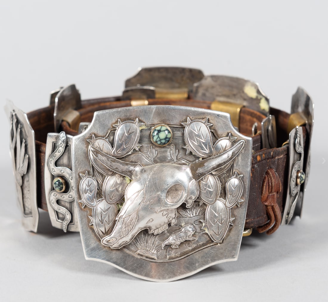 Kit Carson Vintage Sterling Silver Ranger Concho Belt: An exceptional, highly collectible sterling silver Ranger Concho Belt handcrafted by the renowned Southwestern artist and jeweler, Kit Carson. Masterfully bridging the gap between Art Nouveau romantic