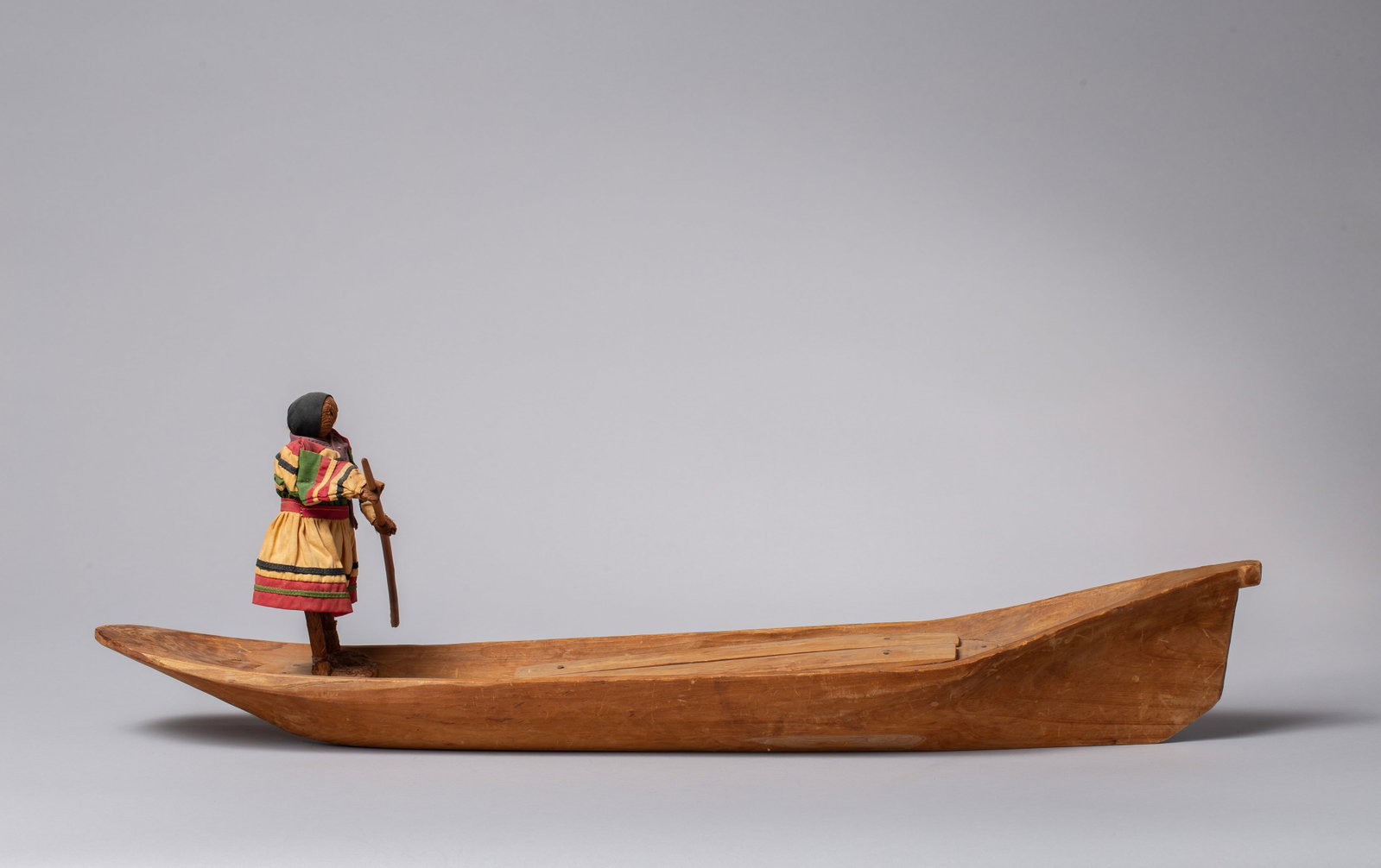 Vintage Seminole Palmetto Fiber Doll in Hand-Carved Cypress Dugout Canoe (1 of 1)