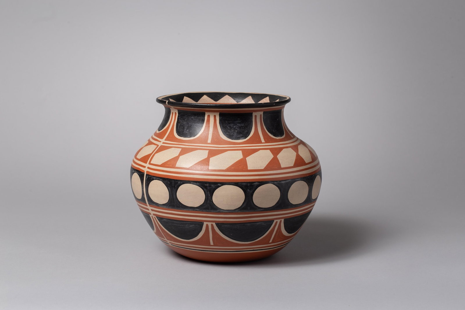 Robert Tenorio, Kewa Pueblo, Santa Domingo (b. December 29, 1950), Kewa (Santa Domingo) Pueblo: An exceptional contemporary polychrome pottery jar crafted by master traditional potter Robert Tenorio. Using centuries-old methods, this wide-shouldered olla is hand-coiled from native clay and metic
