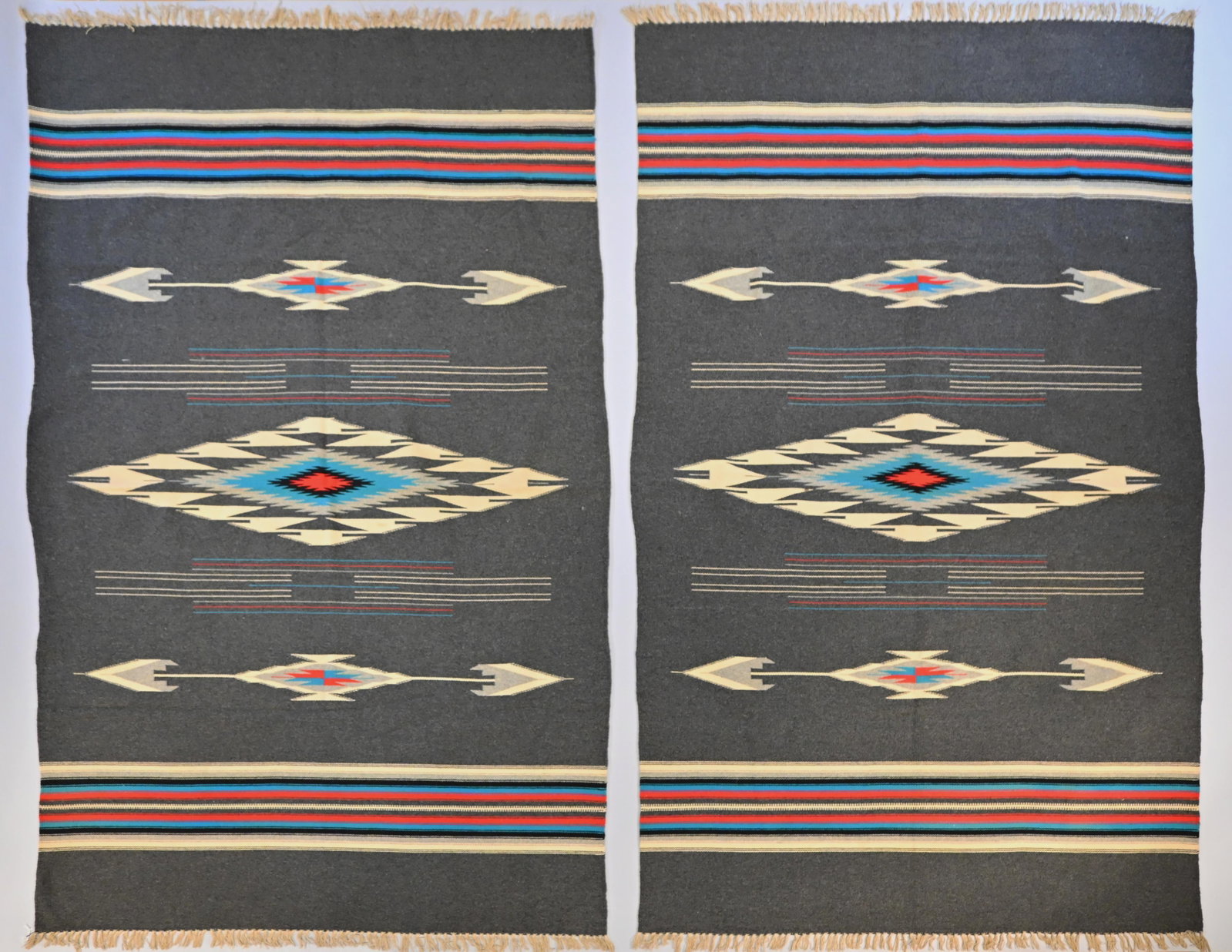 Rare Pair of Vintage Chimayo Handwoven Wool Blankets/Rugs - Southwestern Geometric Arrow Motif with (1 of 3)