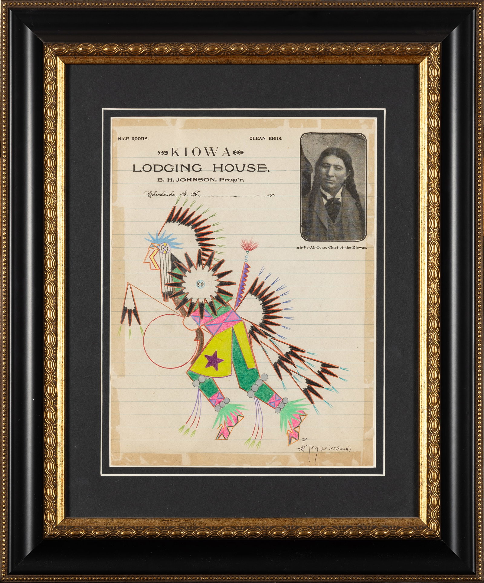Contemporary Ledger Painting on Antique Paper: An exceptional piece of contemporary narrative ledger art by acclaimed Kiowa artist Beau Tsatoke. This work beautifully bridges past and present, rendered in vibrant colored pencil on an authentic, tu