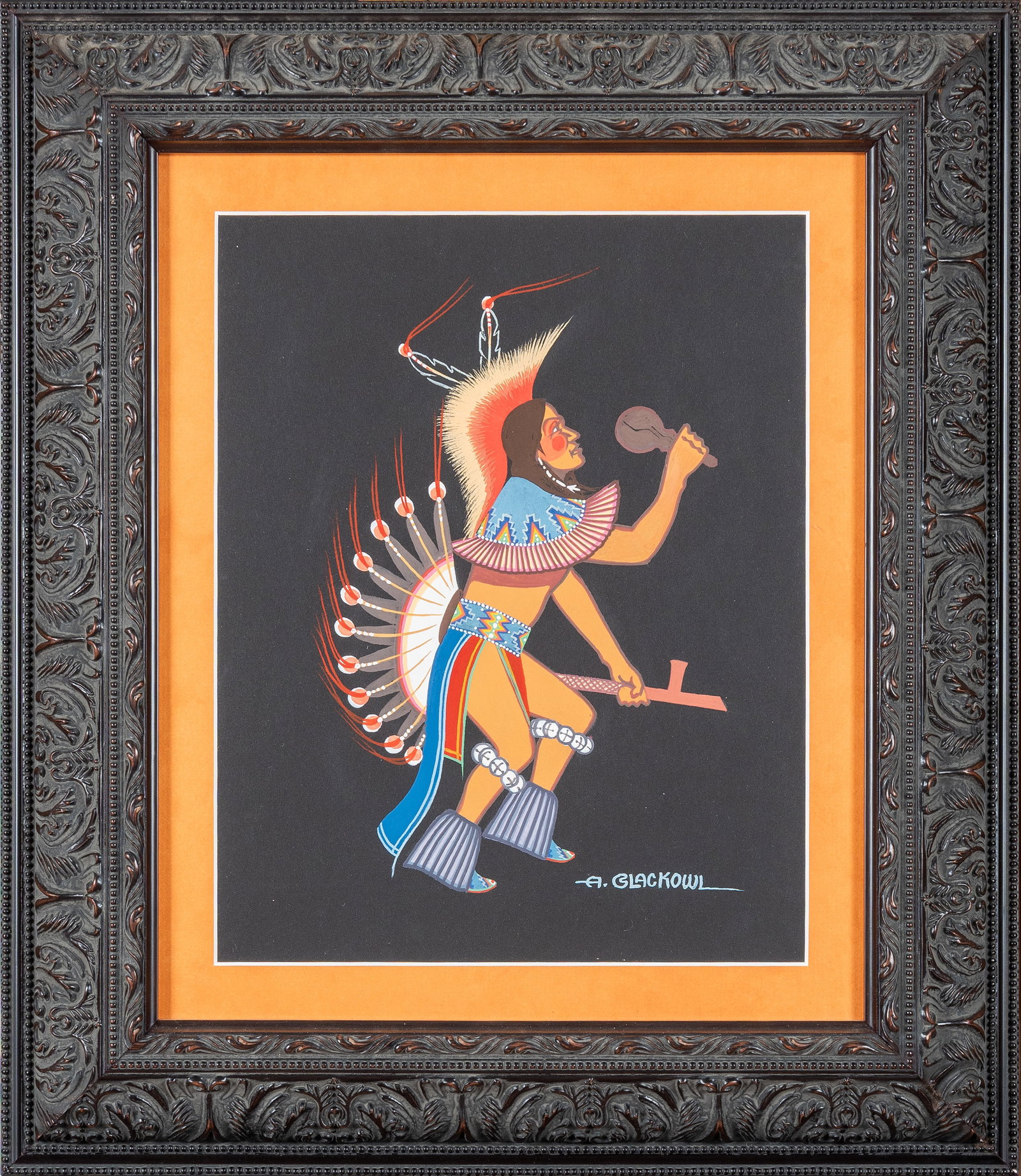 Archie (Miscee Moehi) Blackowl, Southern Cheyenne (1911-1992), Pipe Dancer: A vibrant and finely detailed traditional Flat Style painting by master Southern Cheyenne artist Archie Blackowl (Miscee Moehi). The work depicts a Southern Plains "Pipe Dancer" mid-motion, adorned in