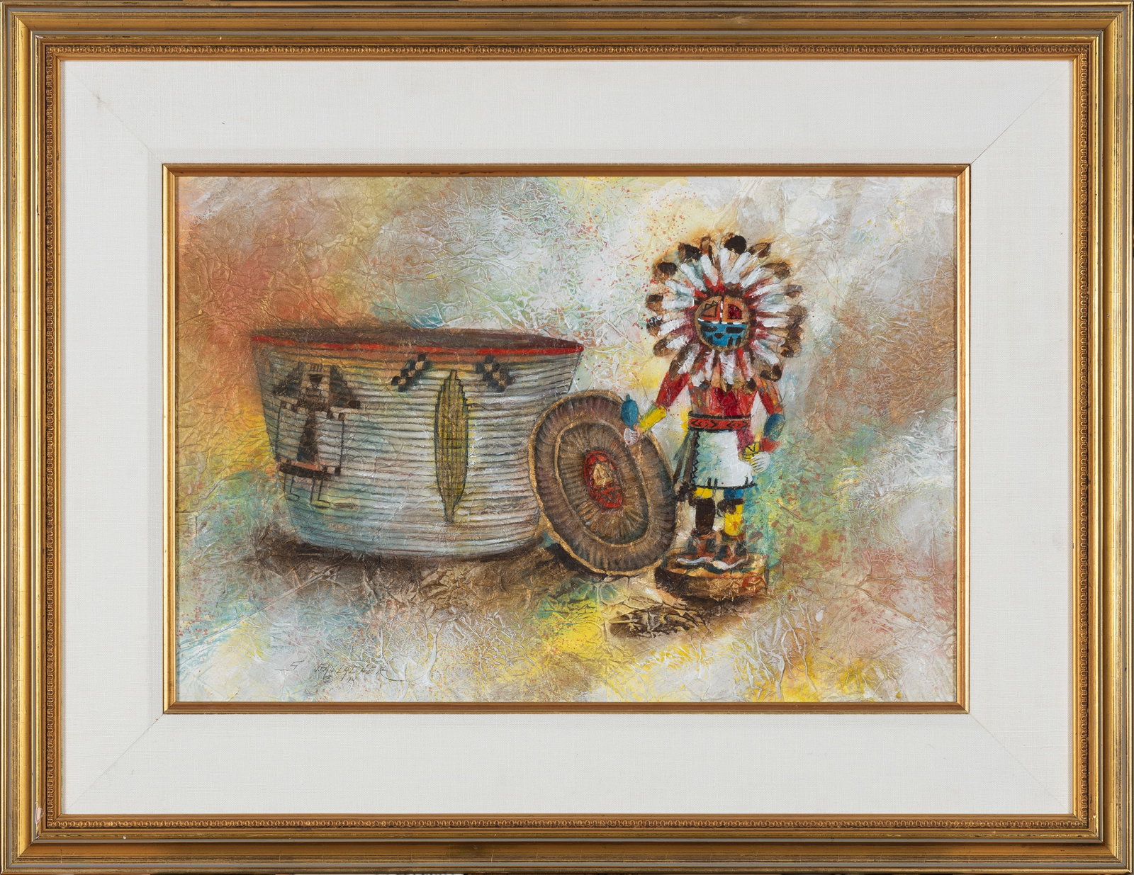 Sherry Gallagher (20th Century), Kachina, 1994: Signed and dated 1994, lower left: S Gallagher / (c) 94A finely executed mixed-media work depicting a traditional Southwestern Kachina doll alongside an intricately woven basket and ceremonial plaque.