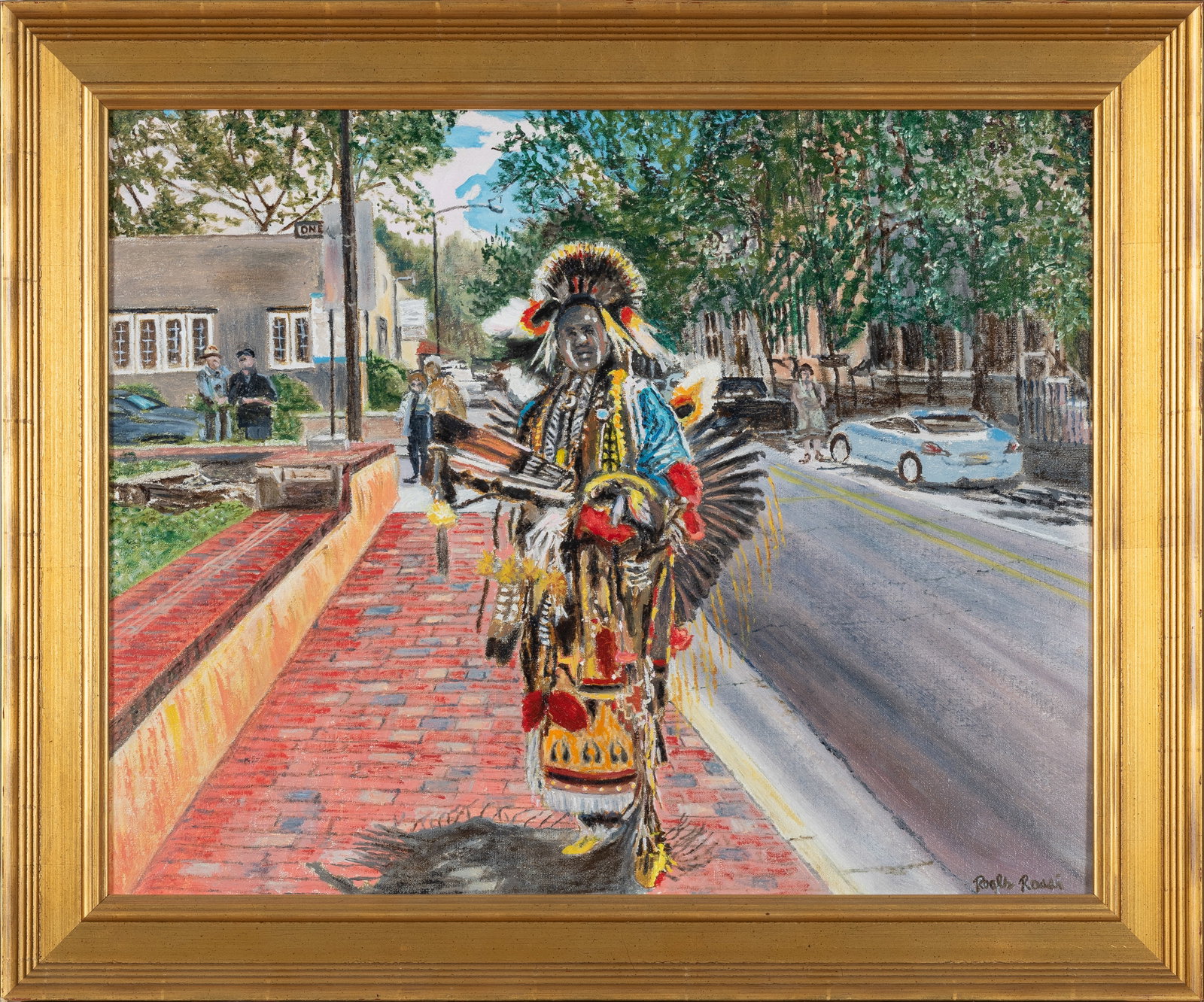 Roger Rossi (b. 1940), Full Regalia, 2018: Signed lower right: Roger RossiPainted in 2018, this oil on board work features a striking portrait of a Native American figure dressed in vibrant, detailed traditional ceremonial regalia.
