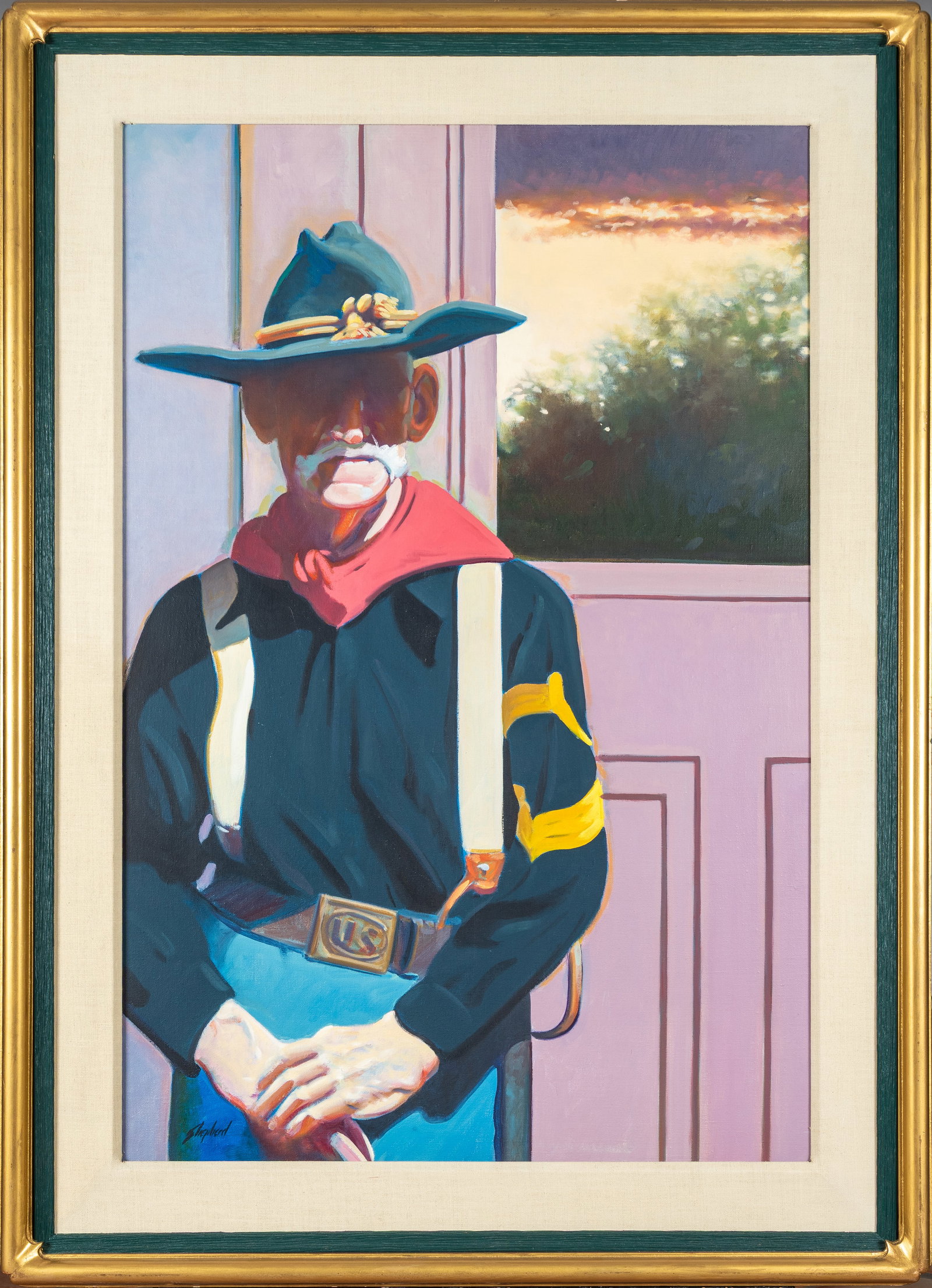 Bob Seabeck (b. 1945), The Last Trooper: Signed lower leftA striking modern Western composition by acclaimed Wyoming artist Bob Seabeck, titled The Last Trooper. This work features a stylized portrait of an aging cavalry trooper or scout sil