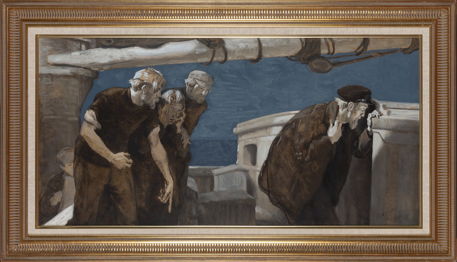 Ernest Leonard Blumenschein (1874-1960), Ghost in the Galley: Signed lower rightAn exceptional, rare narrative illustration piece by master artist and Taos Society of Artists co-founder Ernest Leonard Blumenschein. Best known for his vibrant, geometric depiction