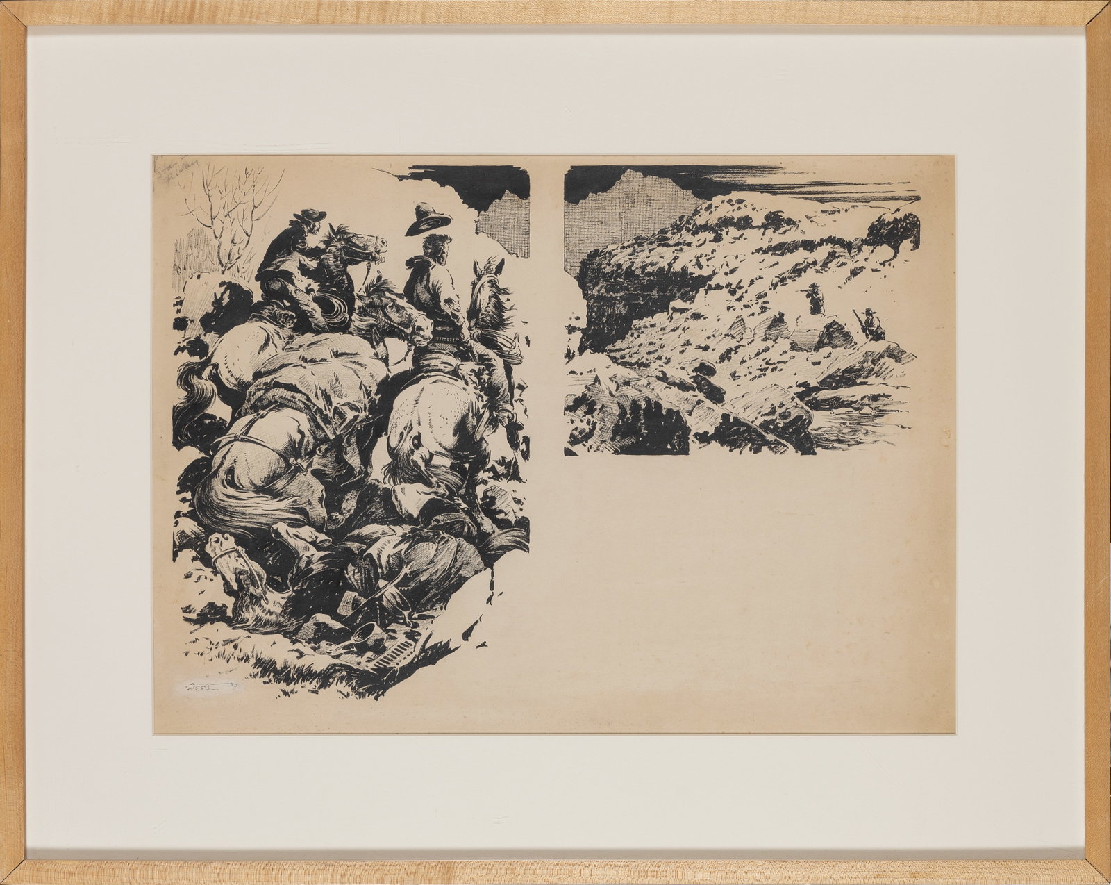 George H. Wert (1888-1950), Rocky Ridge Standoff: Signed lower left: WertAn original Western illustration by noted pulp magazine artist George Harrison Wert. Executed in the artist’s signature dry brush ink technique, Rocky Ridge Standoff showcases