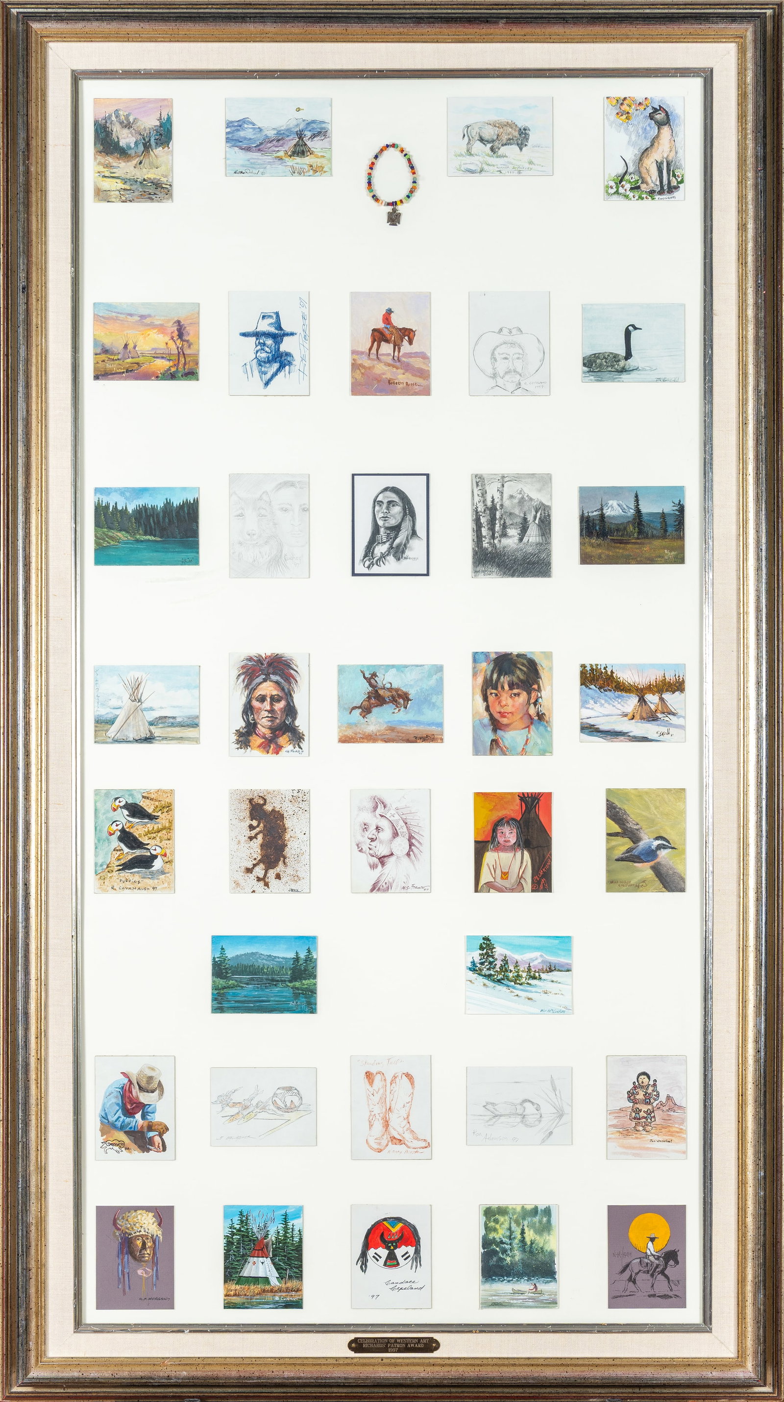 Various Artists, Celebration of Western Art, c. 1997: A compilation piece titled Celebration of Western Art (c. 1997), featuring 36 original miniature paintings framed in a striking multi-aperture display. Rendered in mixed media on paper, each miniature