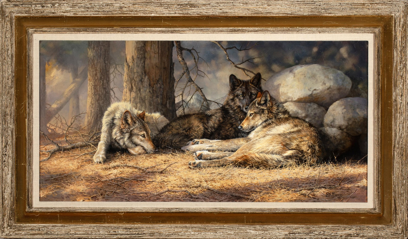 Bonnie Marris (b. 1951), Three Wolves, oil on board (1 of 2)