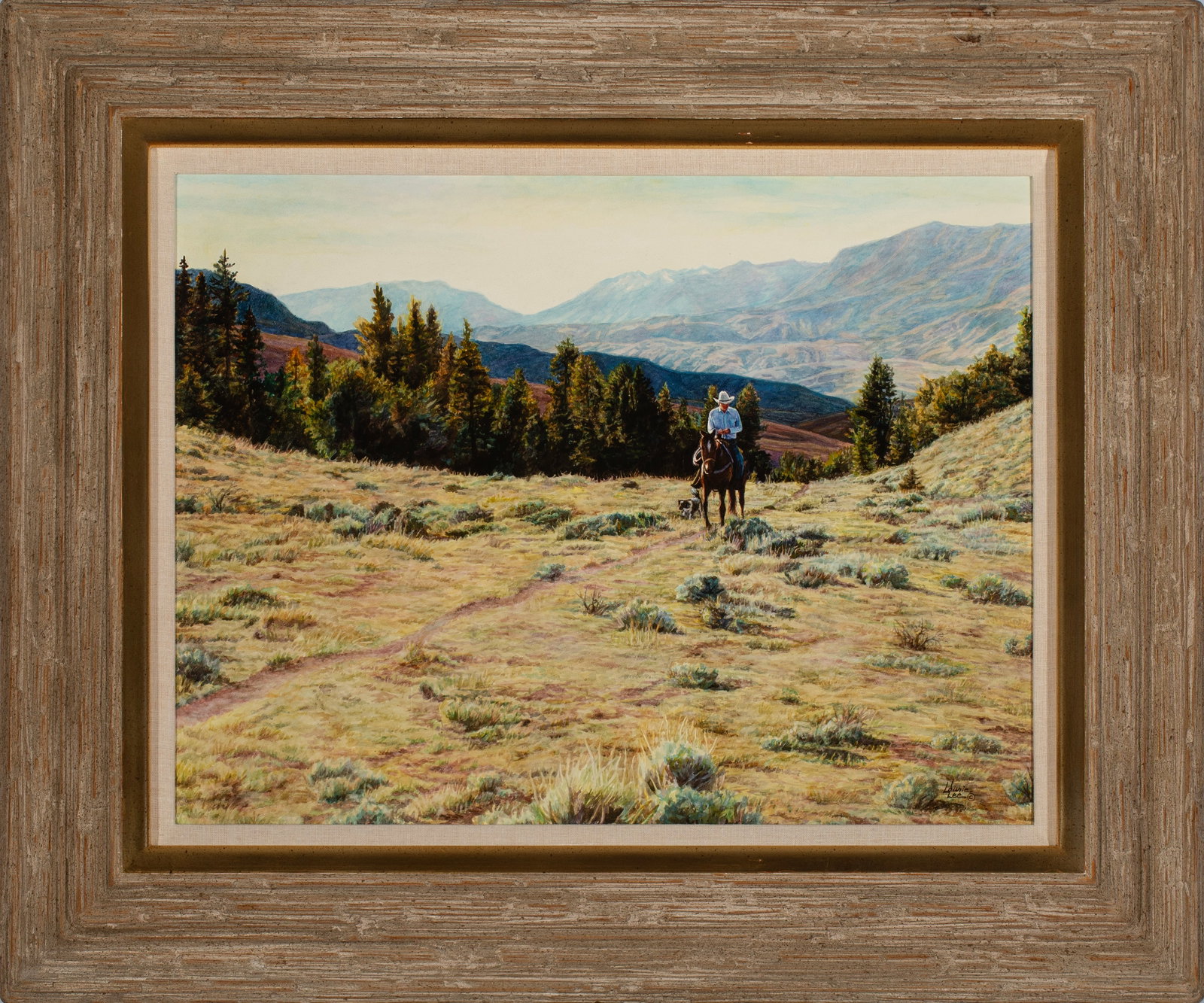 Laurie J. Lee (b. 1959), Riding Home: signed lower right: Laurie / Lee (c)Artist Bio: American painter Laurie Lee has exhibited widely in premier Western and national venues, including the annual exhibition of the Mountain Oyster Club in 