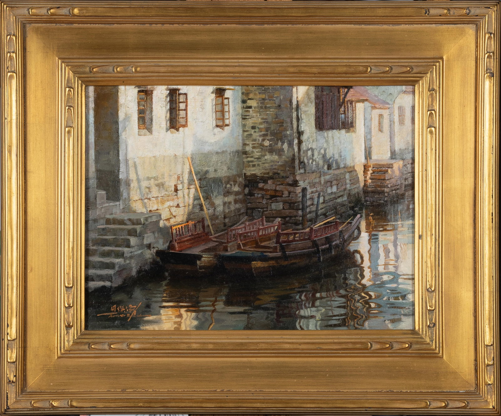 Jei Wei Zhou (b. 1962), Shadows on Suzhou: Signed lower leftA vibrant and atmospheric impressionistic composition depicting a serene canal scene in Suzhou, often celebrated as the "Venice of the East." The work masterfully captures the play of