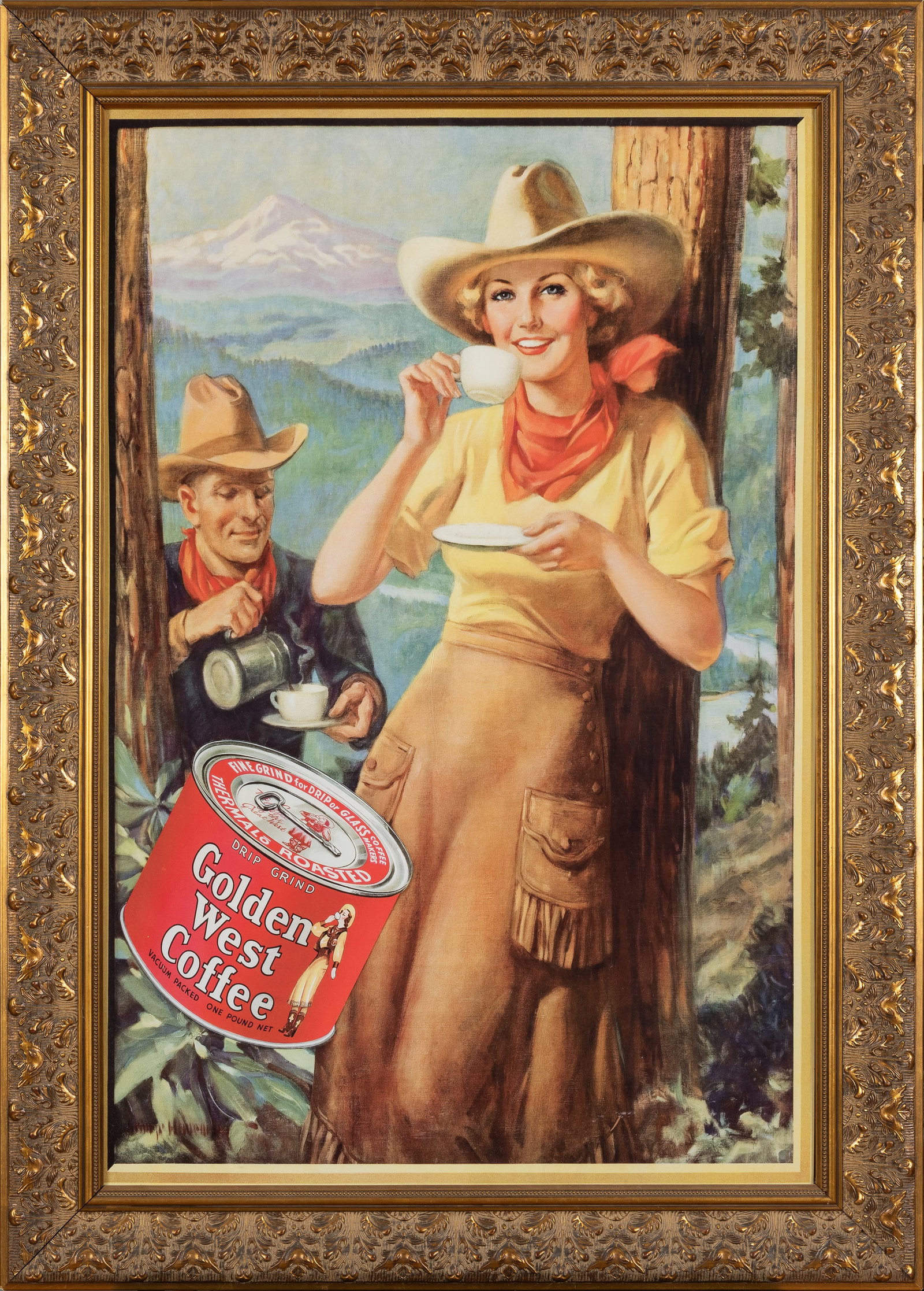 Vintage Golden West Coffee Lithograph Poster featuring Nora Lou Martin, Framed: This large, vibrant lithograph advertising poster for Golden West Coffee captures a quintessentially Northwest scene. The central figure is the brand's iconic "spokes-cowgirl," modeled after real-life