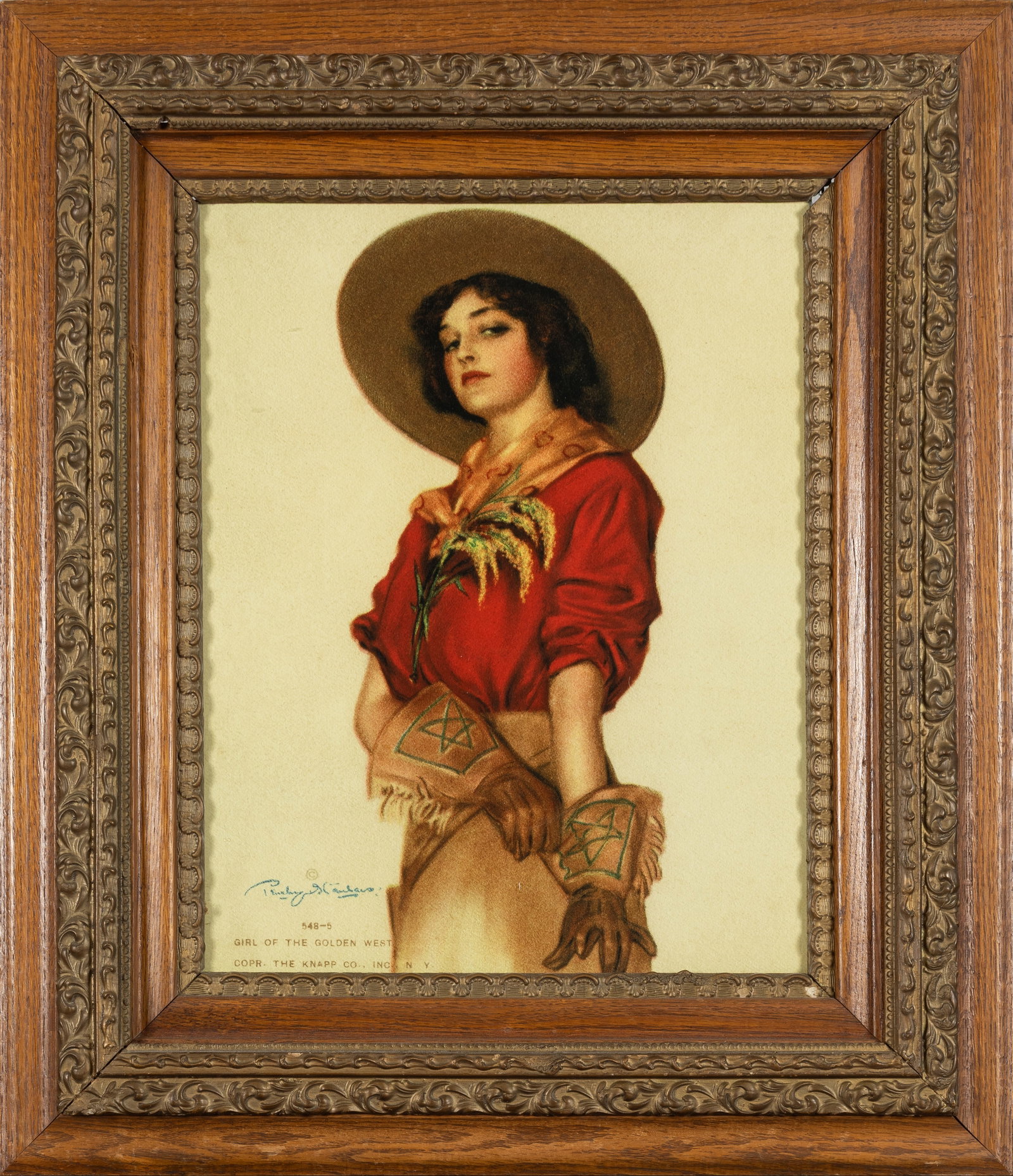 Framed Girl of the Golden West Poster: Offered is a stunning early 20th-century color lithograph by renowned illustrator Philip Boileau. Titled "The Girl of the Golden West," this piece exemplifies Boileau's signature style, capturing a ro
