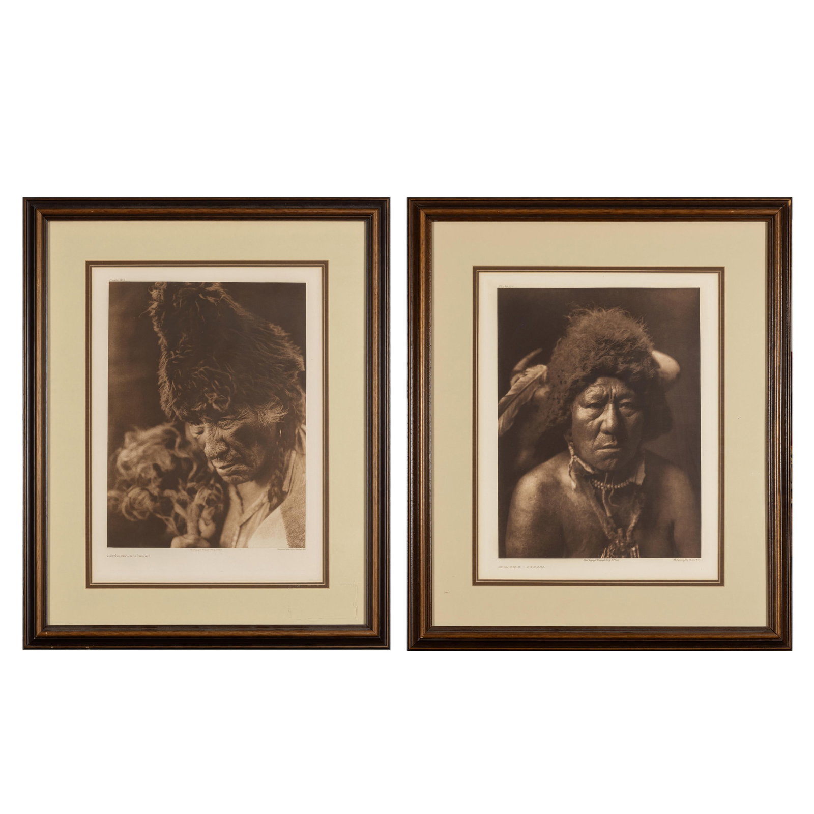 Edward Sheriff Curtis (1868-1952), Pair of Framed Photogravures: Bull Neck - Arikara + Oksoyapiw - (1 of 3)