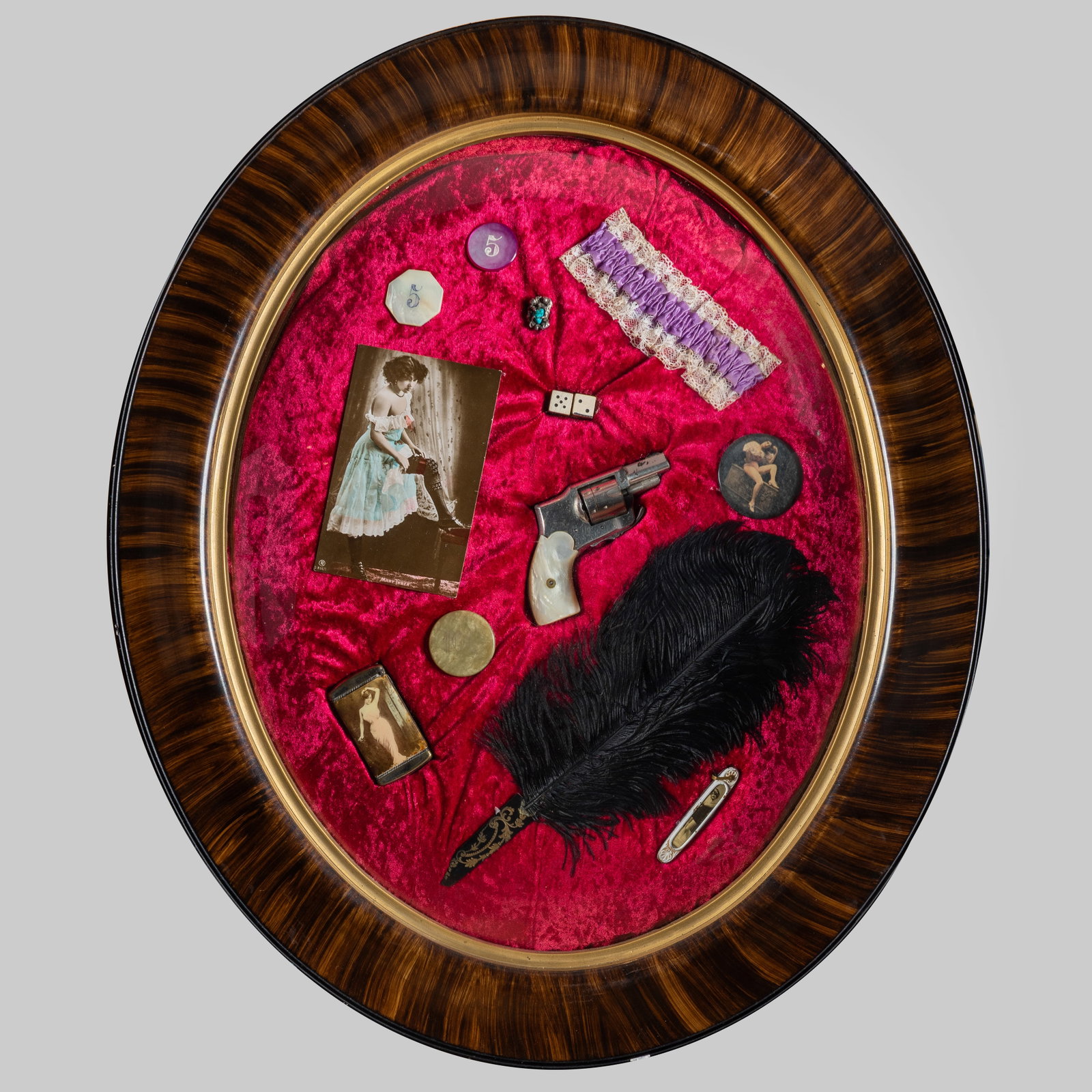 Antique 1880s "Saloon Gal" Shadow Box with Hammerless Revolver (1 of 1)