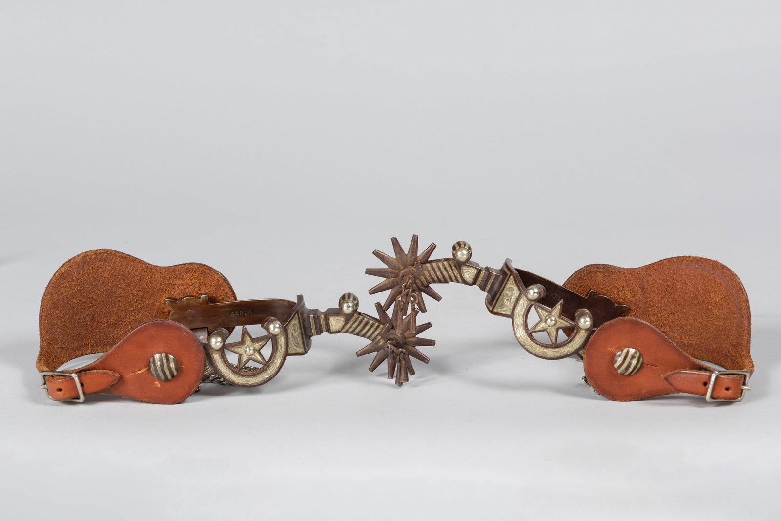 Vintage Pair of Silver & Gold Pattern Western Cowboy Spurs, Stamped "GARZA" (1 of 6)